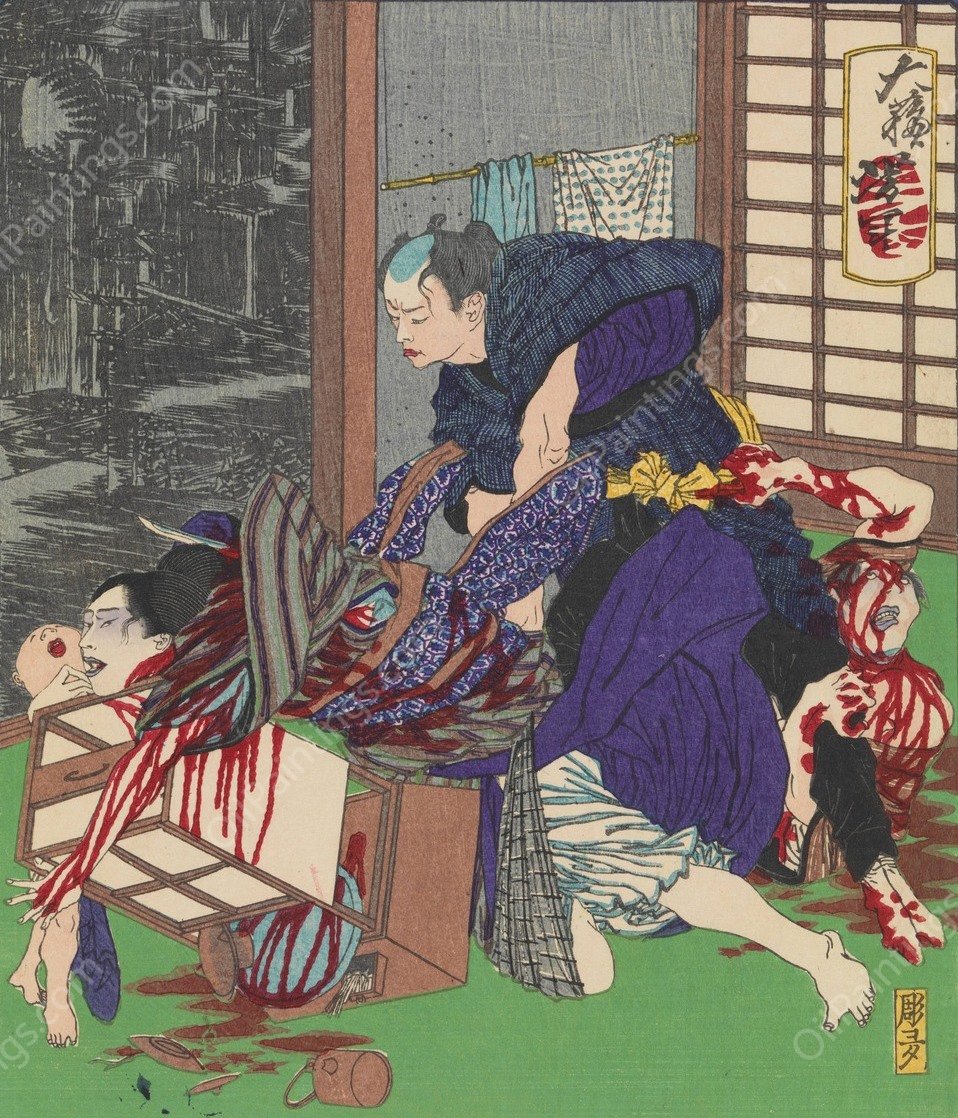 The Plasterer Toyokichi Murdering His Mistress Oei and Her Family  by Tsukioka Yoshitoshi - Hand-Painted Oil Painting Reproduction