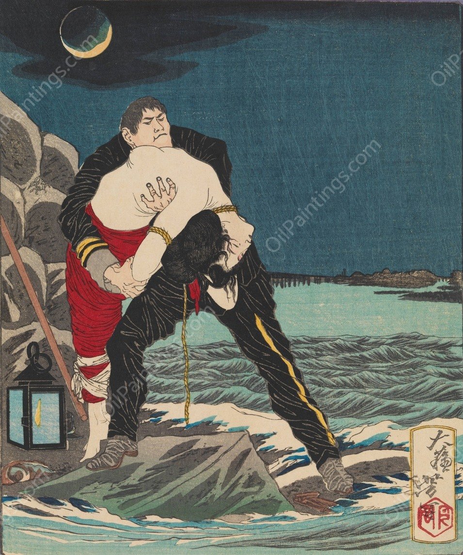 The Policeman Aizawa Ihei Rescues a Young Girl from Drowning  by Tsukioka Yoshitoshi - Hand-Painted Oil Painting Reproduction