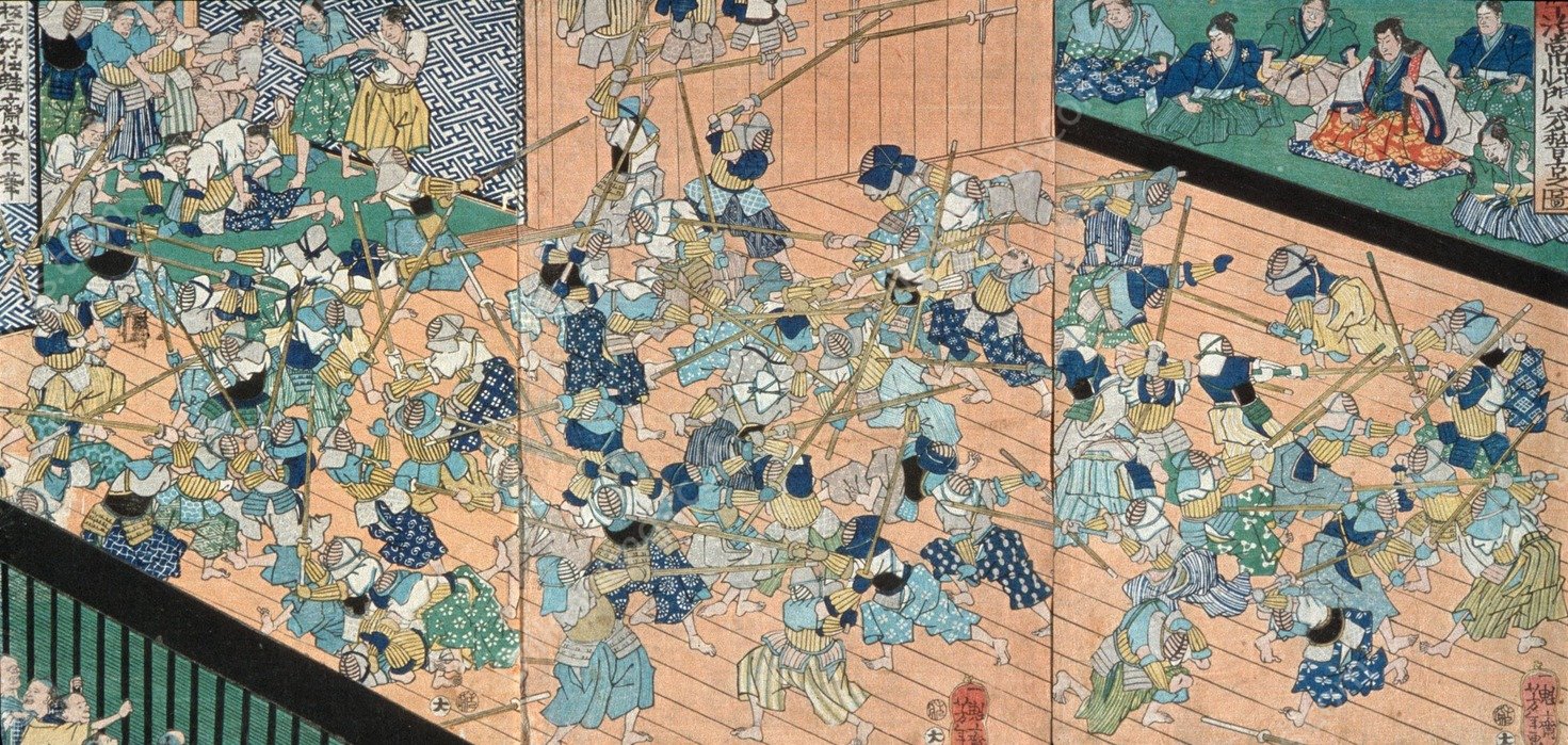 The Pupils of Uji Joetsu Practicing Fencing  by Tsukioka Yoshitoshi - Hand-Painted Oil Painting Reproduction