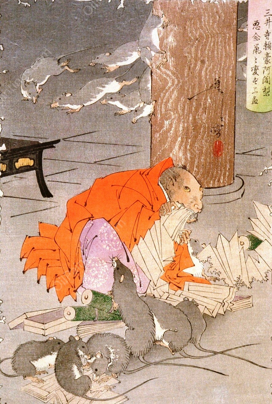 The Wicked Thoughts of the Priest RaigO of Miidera Transform Him into a Rat  by Tsukioka Yoshitoshi - Hand-Painted Oil Painting Reproduction