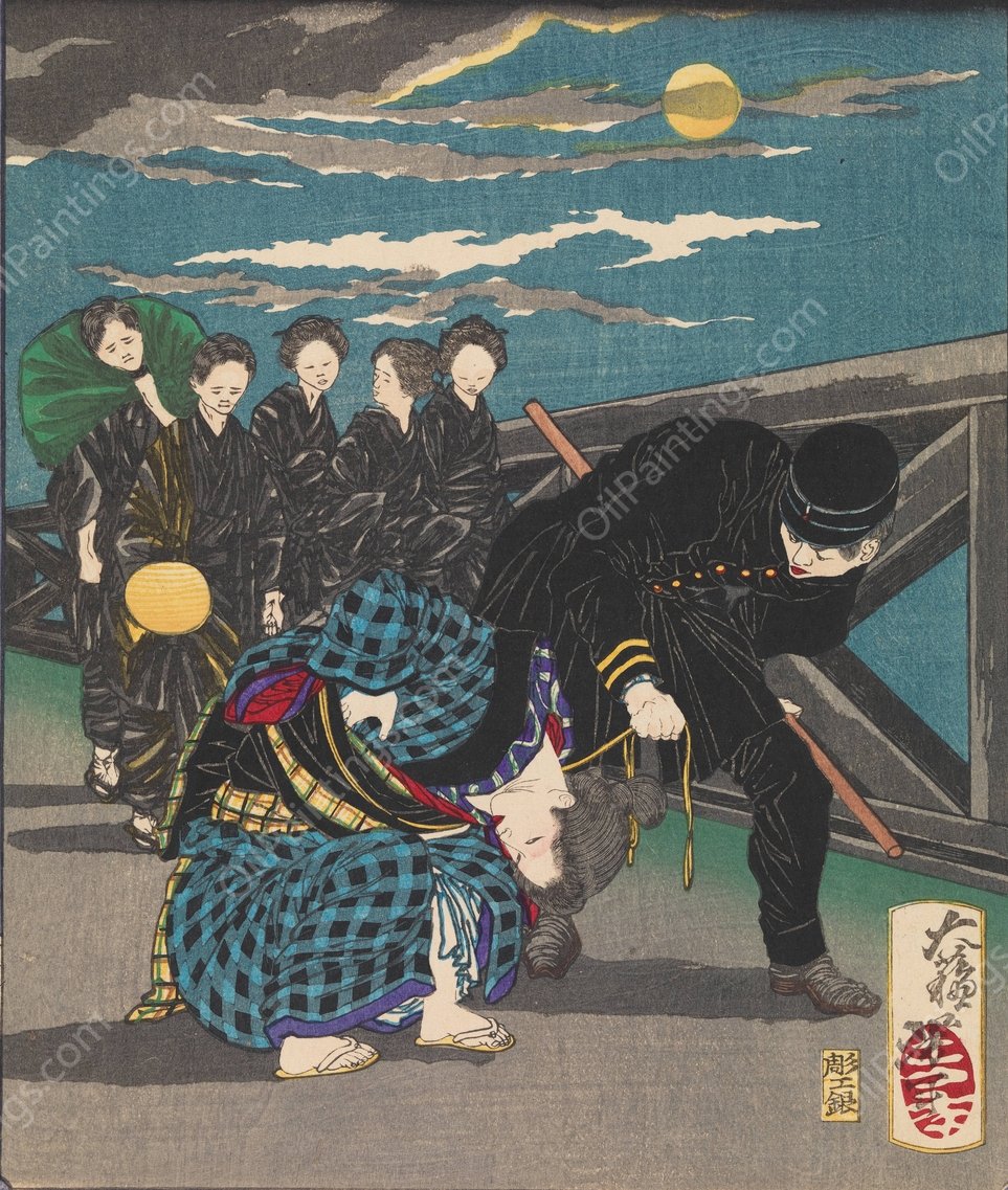 The Widow Fuku Giving Birth on the Way to Court for Arraignment for Theft  by Tsukioka Yoshitoshi - Hand-Painted Oil Painting Reproduction