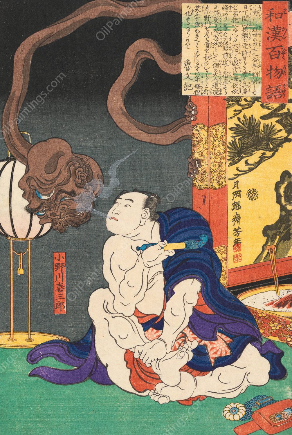 The Wrestler Onogawa Kisaburo Blowing Smoke at a One-Eyed Monster  by Tsukioka Yoshitoshi - Hand-Painted Oil Painting Reproduction
