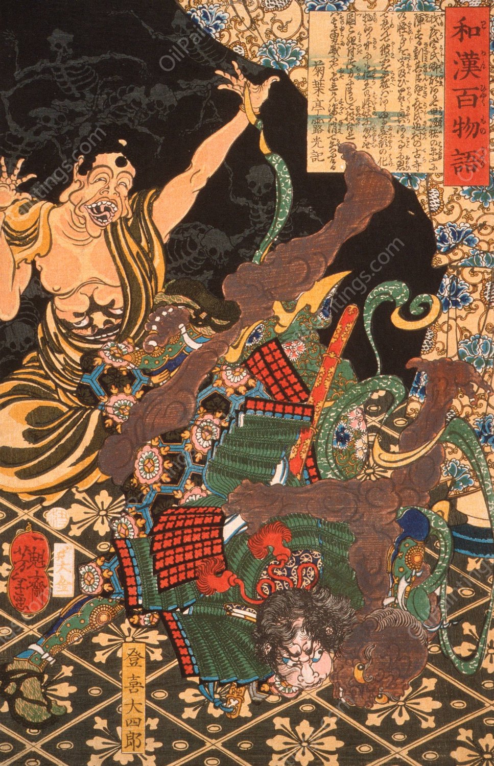 Toki Daishiro Fighting the Demon  by Tsukioka Yoshitoshi - Hand-Painted Oil Painting Reproduction