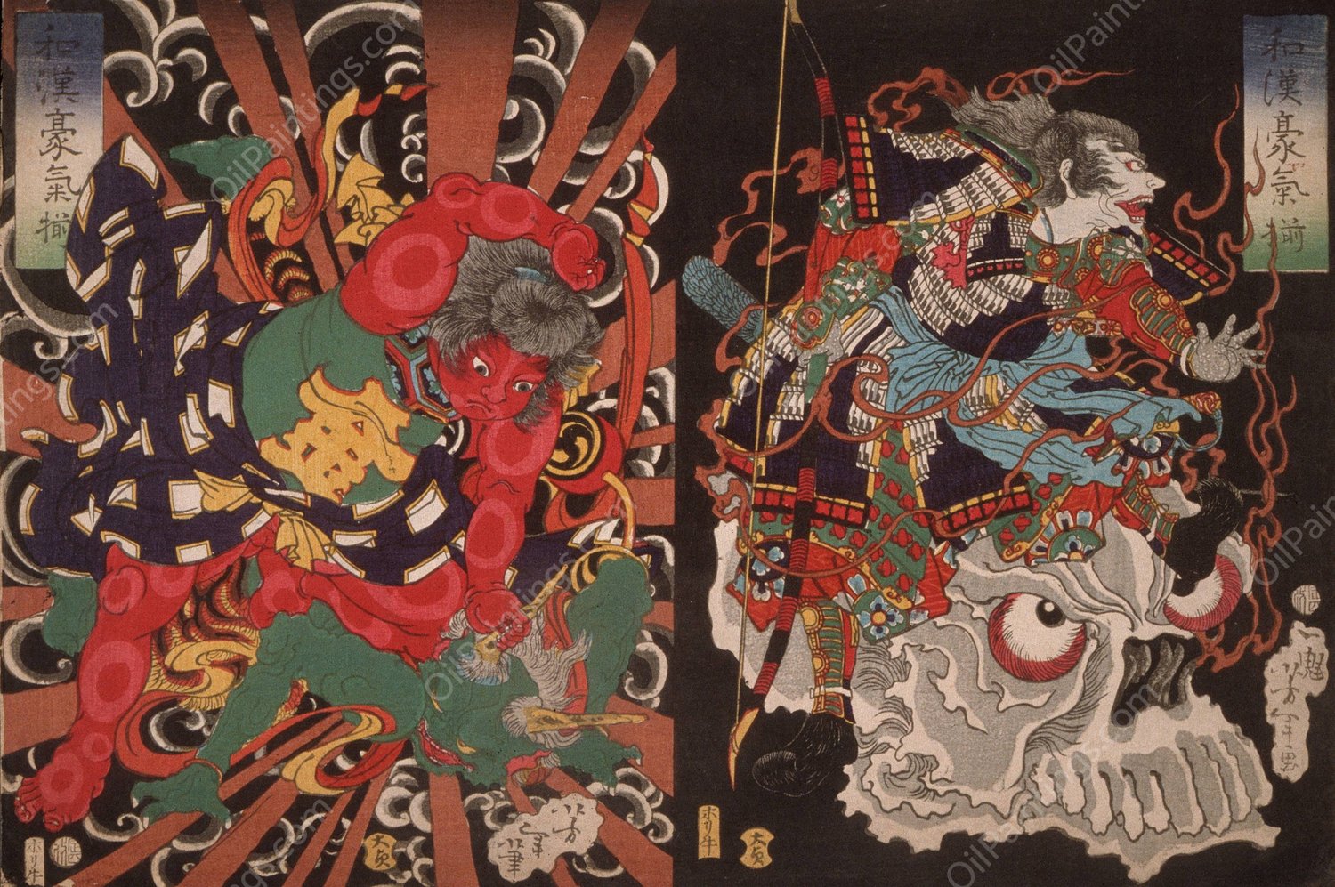 Warrior on Skull; Kintoki Overpowering a Demon  by Tsukioka Yoshitoshi - Hand-Painted Oil Painting Reproduction