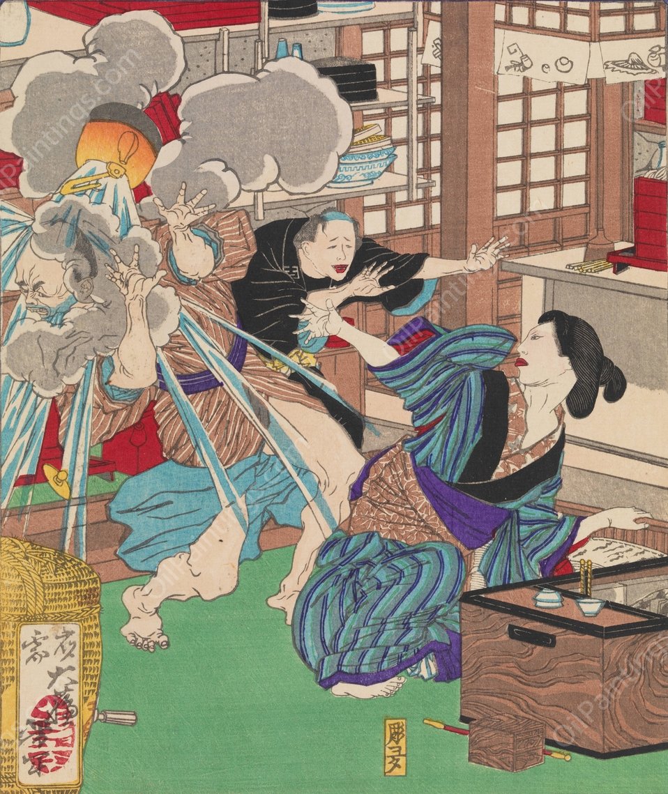 Wife of Sangoro Scalds Her Husband's Face with Boiling Water  by Tsukioka Yoshitoshi - Hand-Painted Oil Painting Reproduction