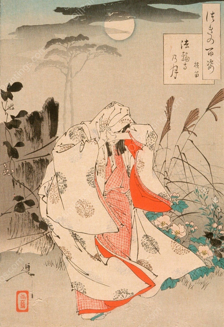 Yokobue Waiting from Takiguchi Tokiyori by Moonlight at Horinji  by Tsukioka Yoshitoshi - Hand-Painted Oil Painting Reproduction