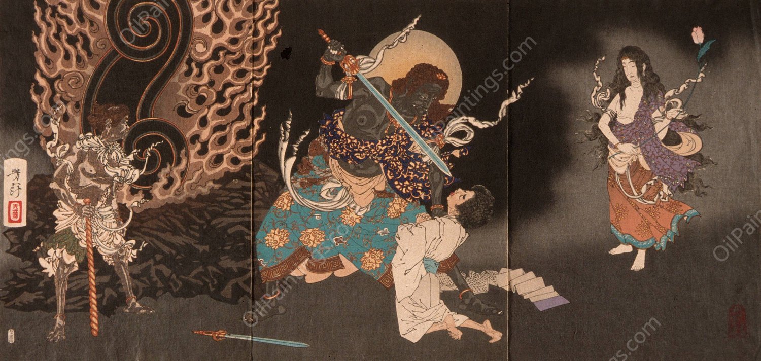 Yuten Swallowing the Sword of Fudo  by Tsukioka Yoshitoshi - Hand-Painted Oil Painting Reproduction