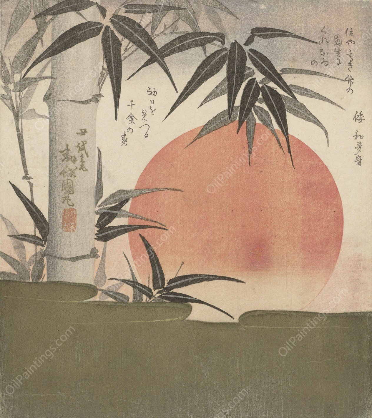 Bamboo and rising sun  by Utagawa Kunimaru - Hand-Painted Oil Painting Reproduction