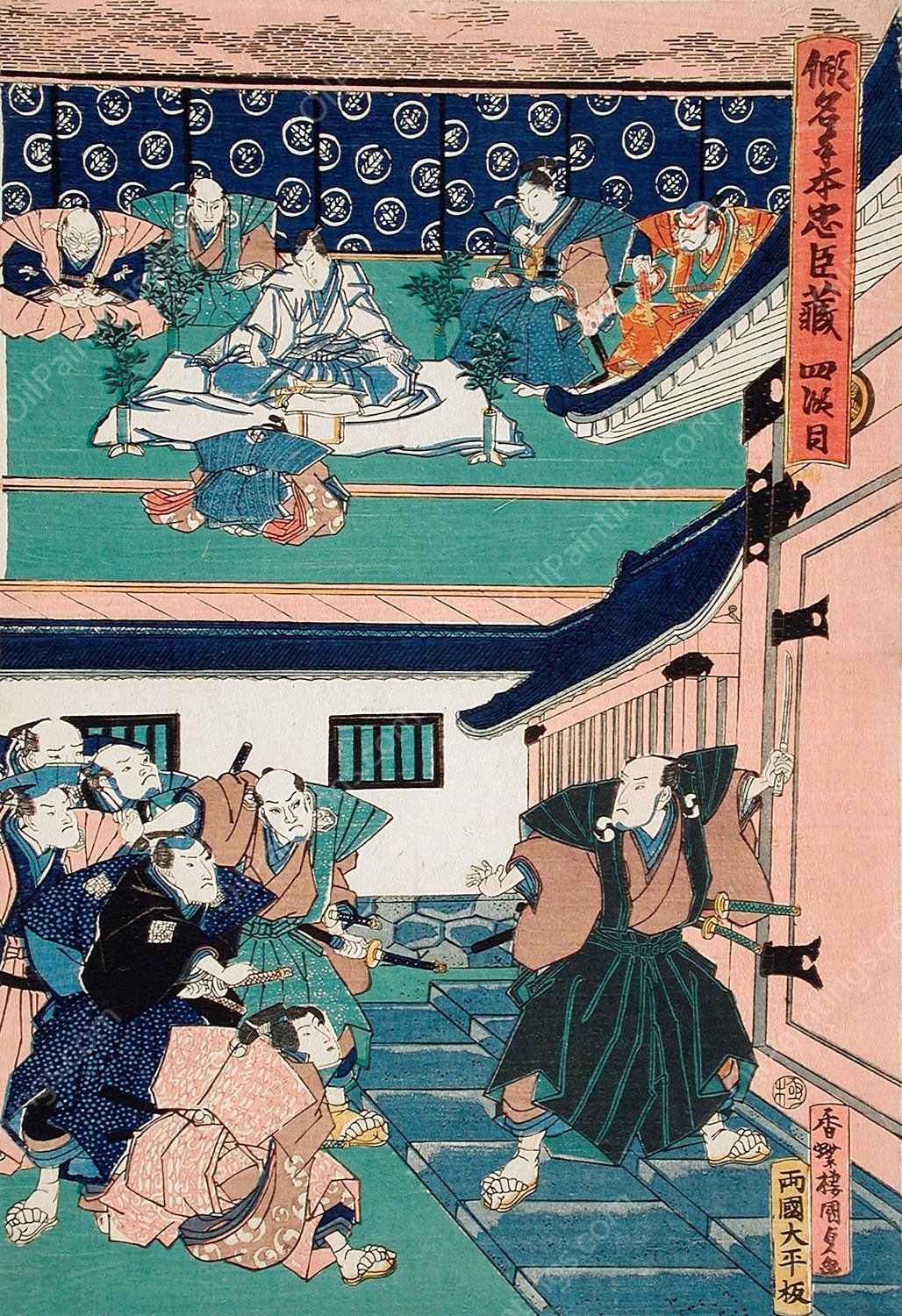 Act IV; Enya Asking for Yuranosuke before Committing Suicide; Yuranosuke Shows the Sword Used for Suicide to Enya's Retainers  by Utagawa Kunisada (Toyokuni III) - Hand-Painted Oil Painting Reproduction