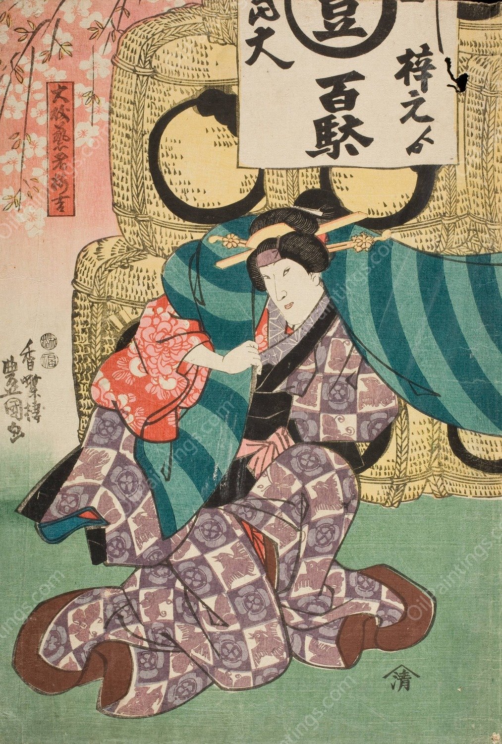 Geisha Ohisa and Umekichi from Oiso as Lion Dancers by Utagawa Kunisada (Toyokuni III) - Hand-Painted Oil Painting Reproduction