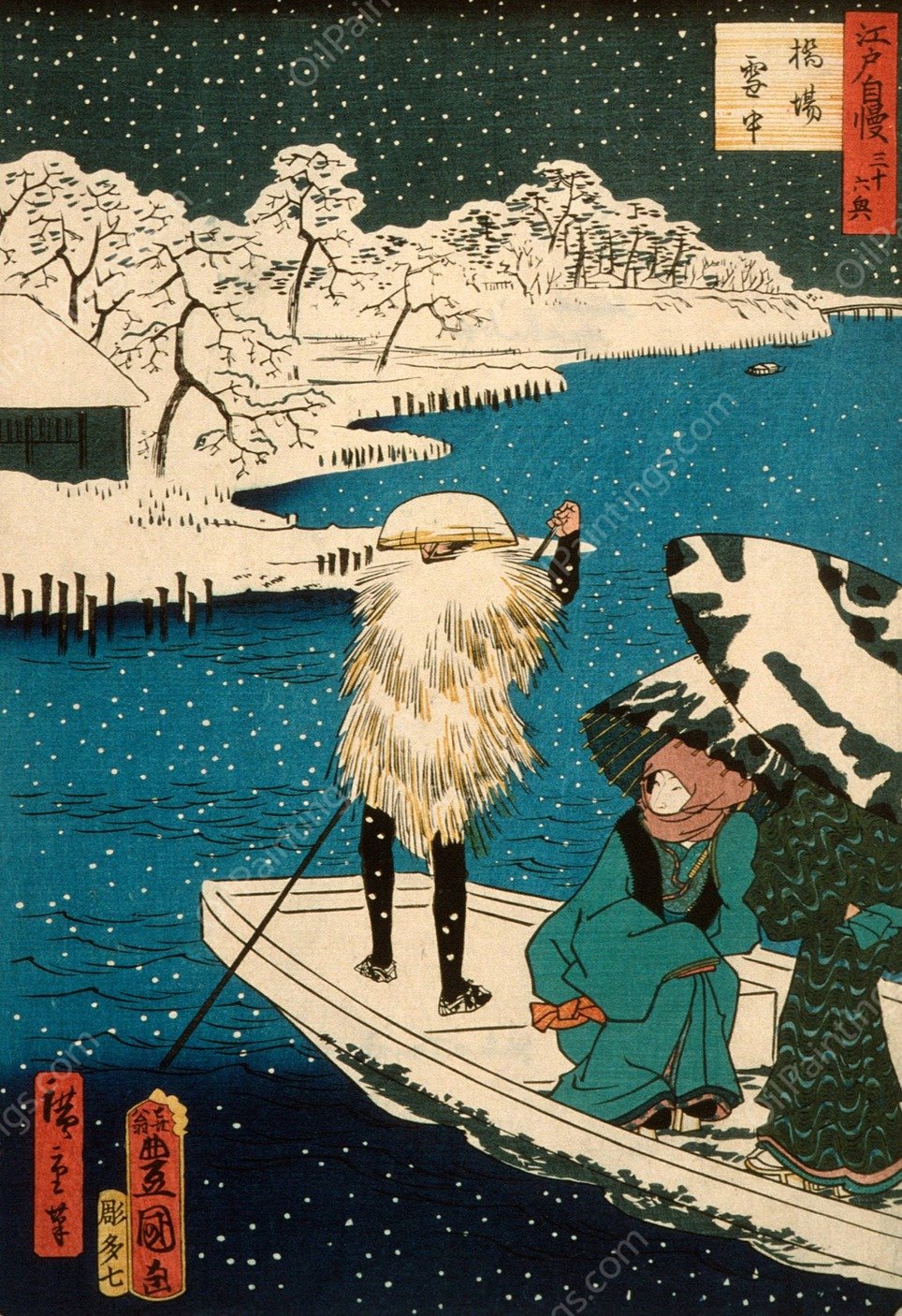 Hashiba Ferry in Snow  by Utagawa Kunisada (Toyokuni III) - Hand-Painted Oil Painting Reproduction