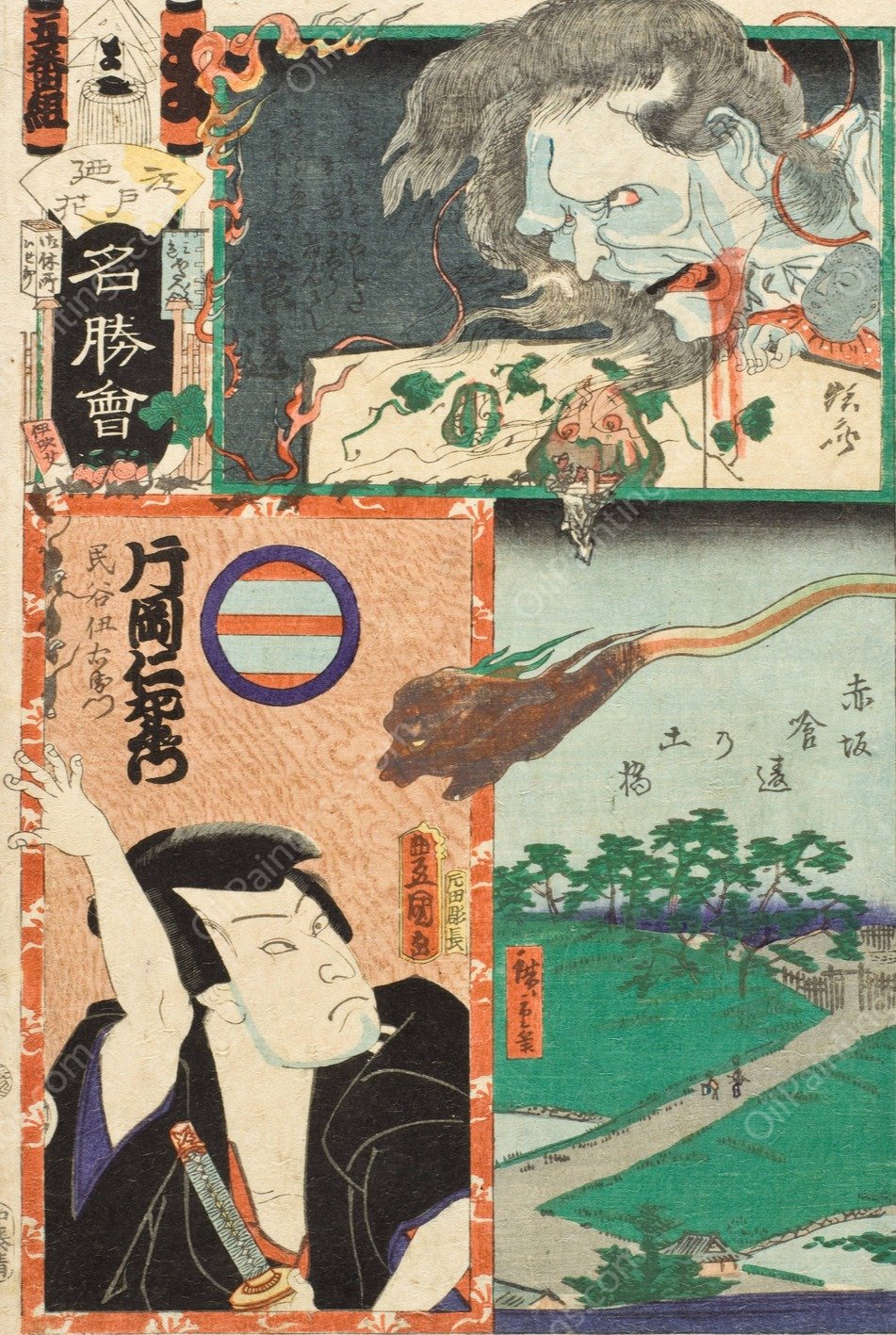 Ma Brigade, Fifth Squad; Earthen Bridge by Kuitachi in Asakusa; Kataoka Nizaemon VIII as Tamigaya Iemon  by Utagawa Kunisada (Toyokuni III) - Hand-Painted Oil Painting Reproduction