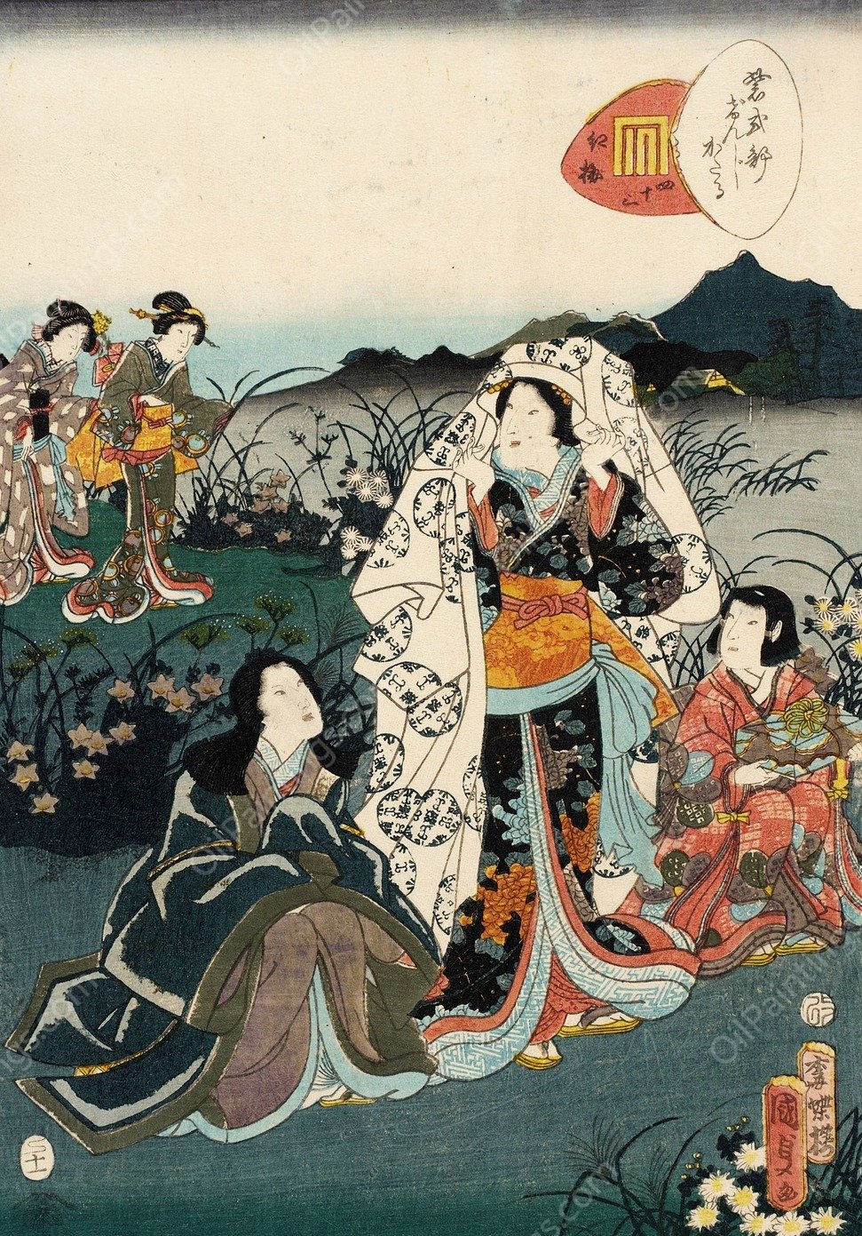 Murasaki Shikibu in Hiding, from the Tale of Genji chapter, 'Night Plum' by Utagawa Kunisada (Toyokuni III) - Hand-Painted Oil Painting Reproduction