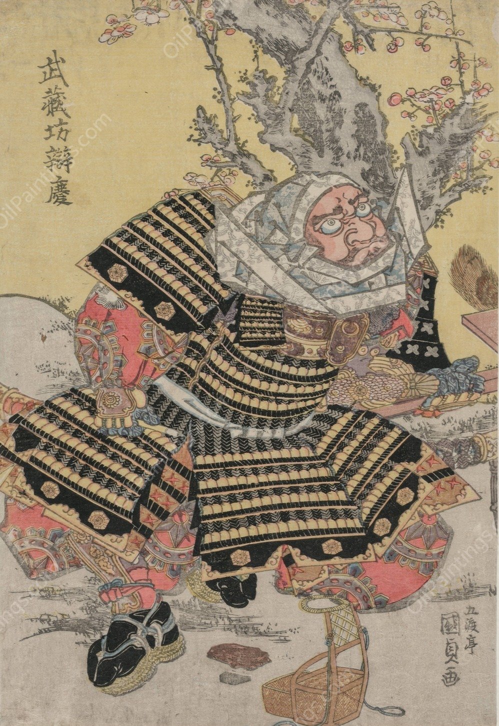 Musashibo Benkei Kneeling by a Plum Tree  by Utagawa Kunisada (Toyokuni III) - Hand-Painted Oil Painting Reproduction