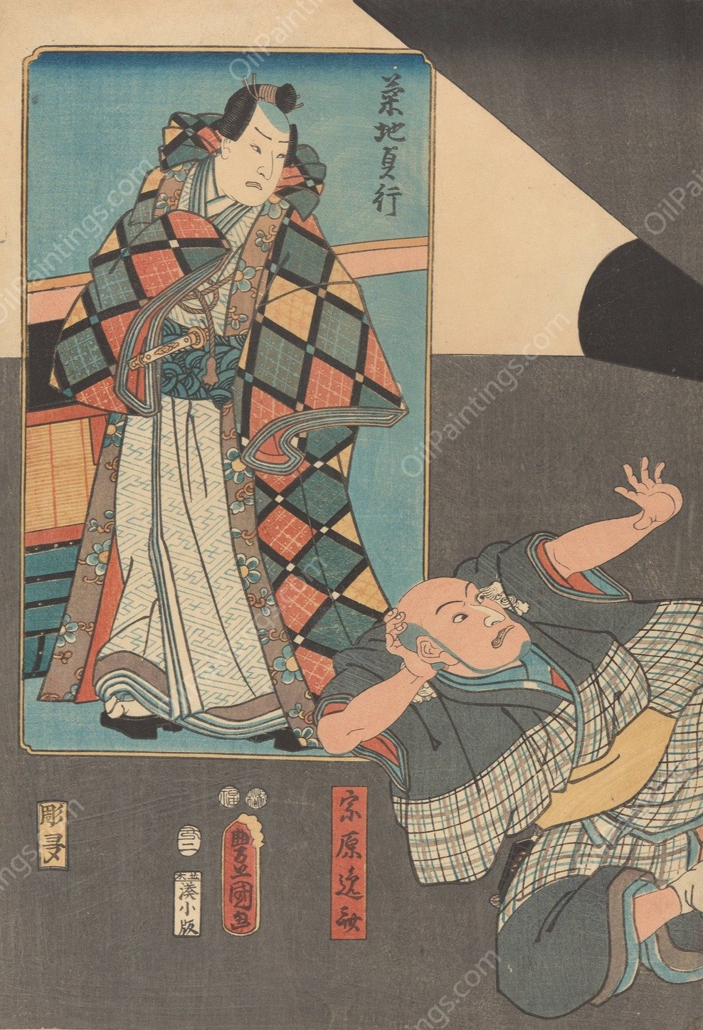 Samurai Warrior with Attendant  by Utagawa Kunisada (Toyokuni III) - Hand-Painted Oil Painting Reproduction