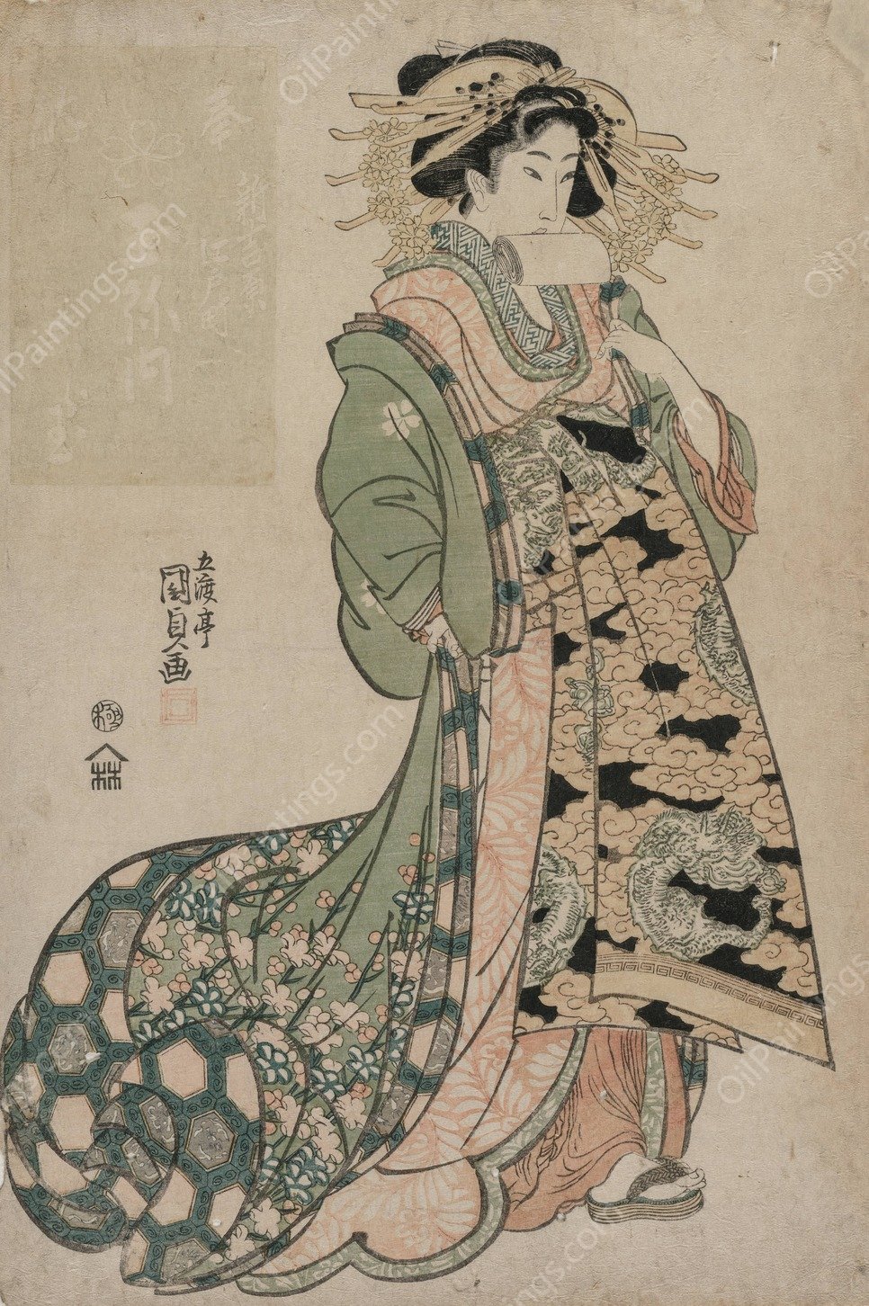 The Courtesan Shiratama of the Tamaya  by Utagawa Kunisada (Toyokuni III) - Hand-Painted Oil Painting Reproduction