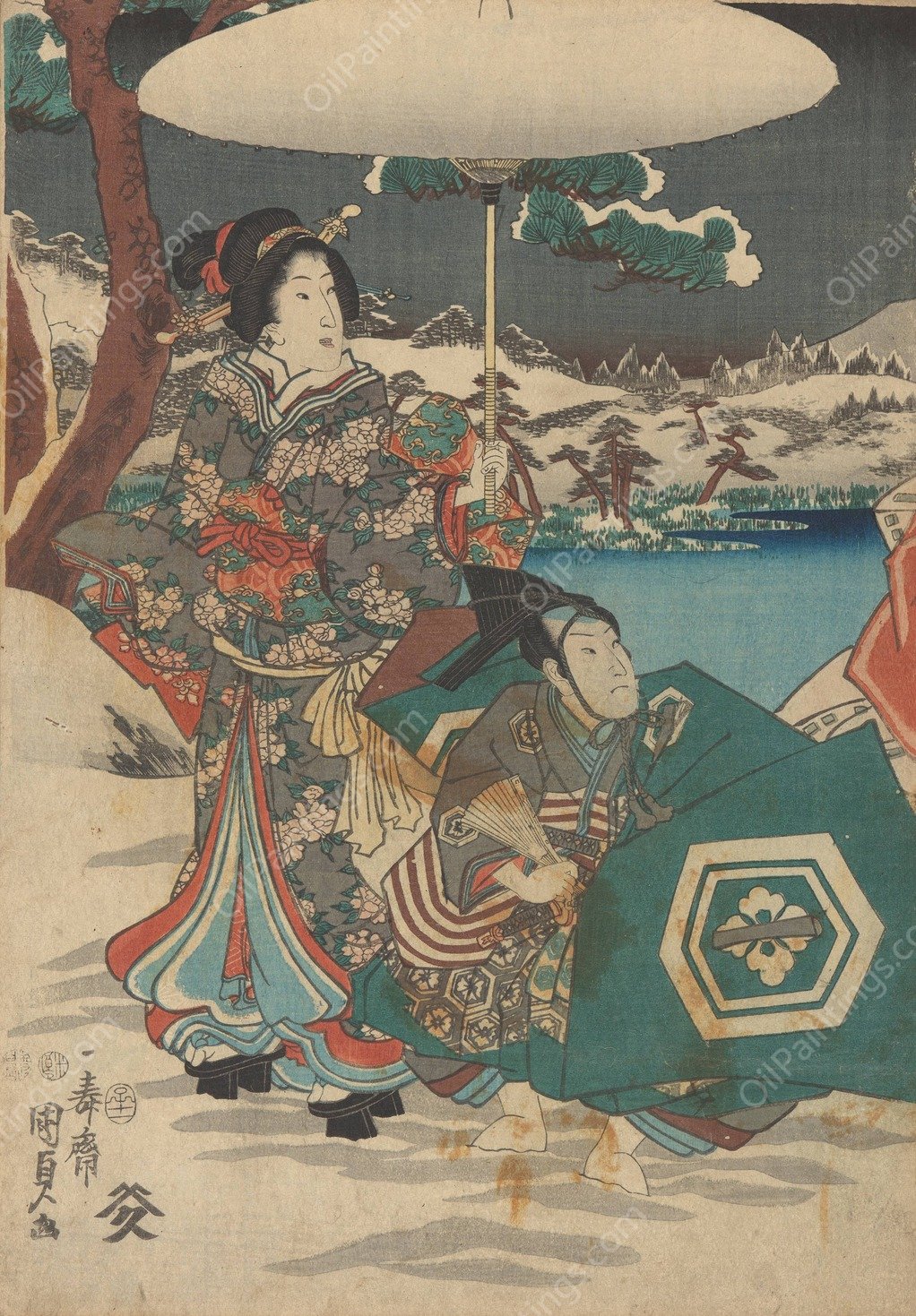 Woman and Male Servant in Snow by Utagawa Kunisada (Toyokuni III) - Hand-Painted Oil Painting Reproduction