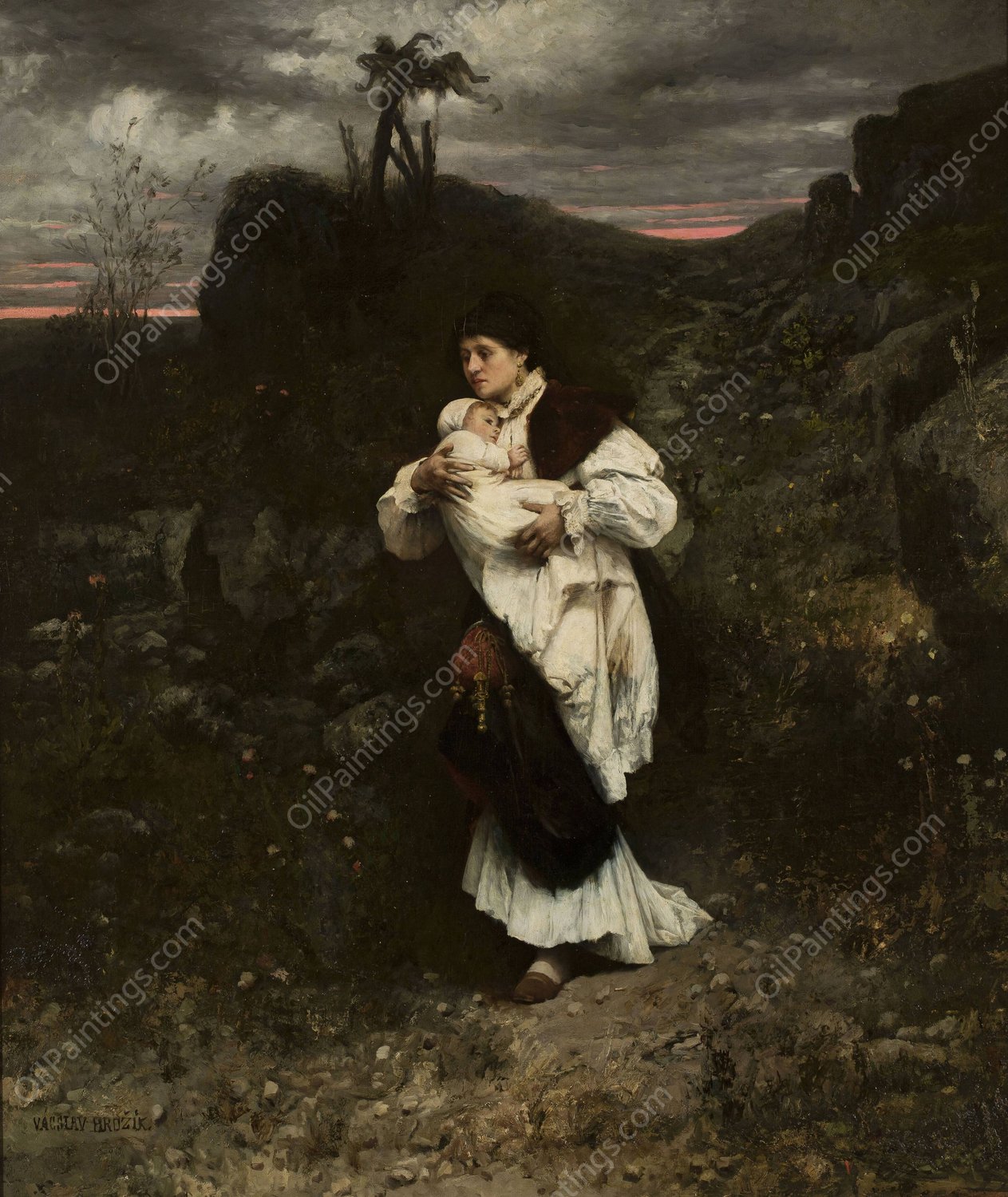 Fleeing woman with a child in her arms  by Vaclav Brozik - Hand-Painted Oil Painting Reproduction