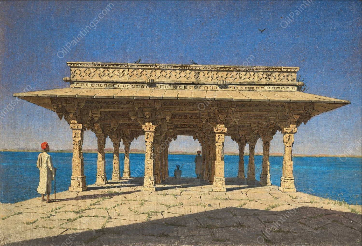 Evening on a Lake. A Pavilion on the Marble Embankment in Rajnagar  by Vasily Vereshchagin - Hand-Painted Oil Painting Reproduction