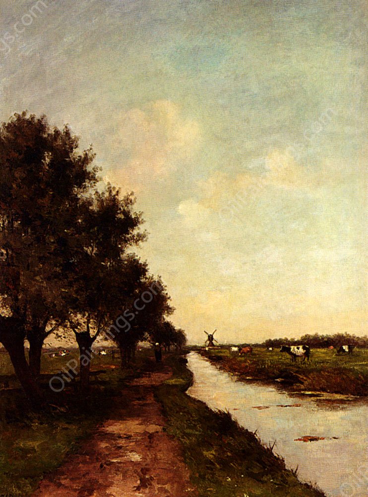 Grazing Cows In A Polder Landscape by Victor Bauffe - Hand-Painted Oil Painting Reproduction