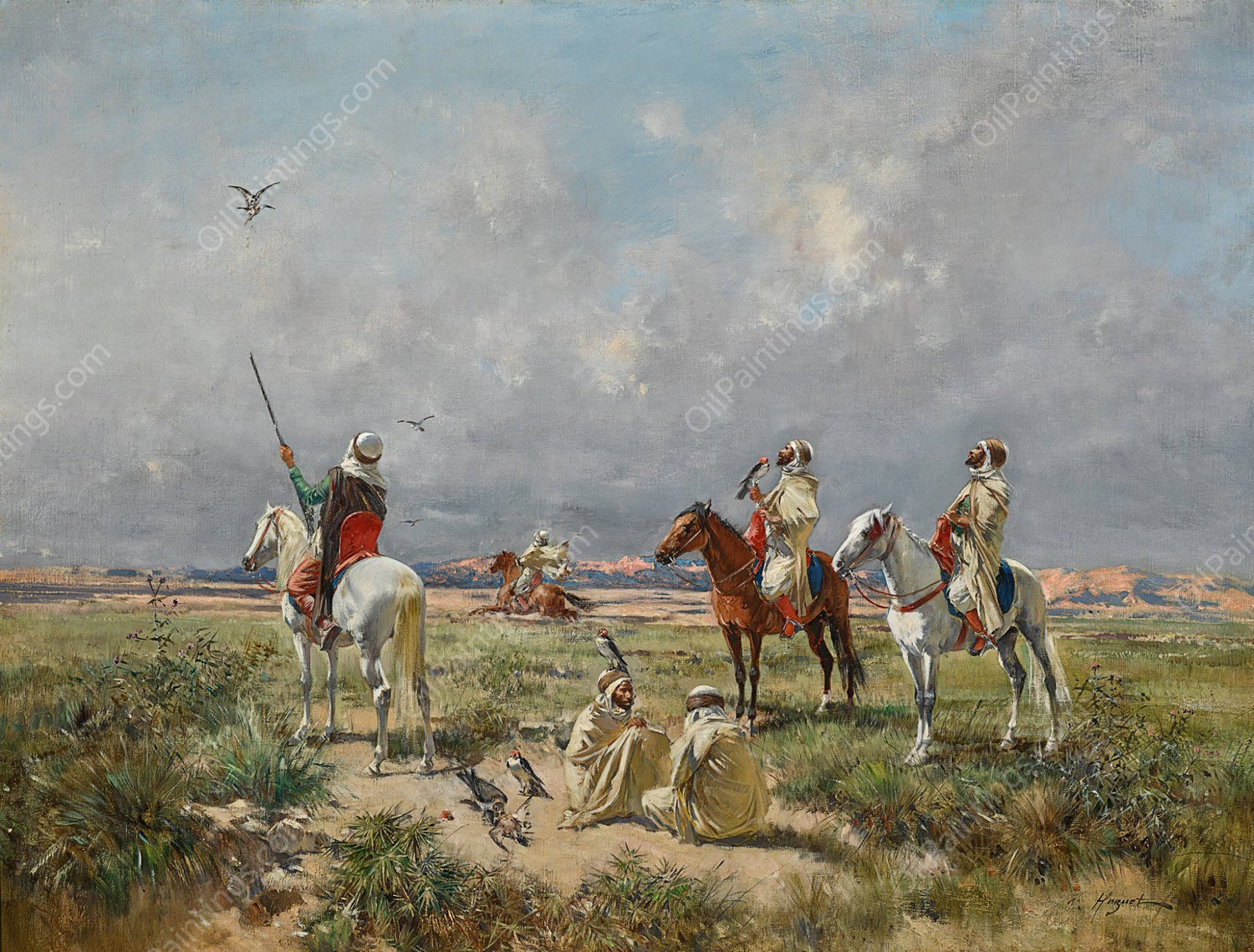 The Falconers by Victor Huguet - Hand-Painted Oil Painting Reproduction