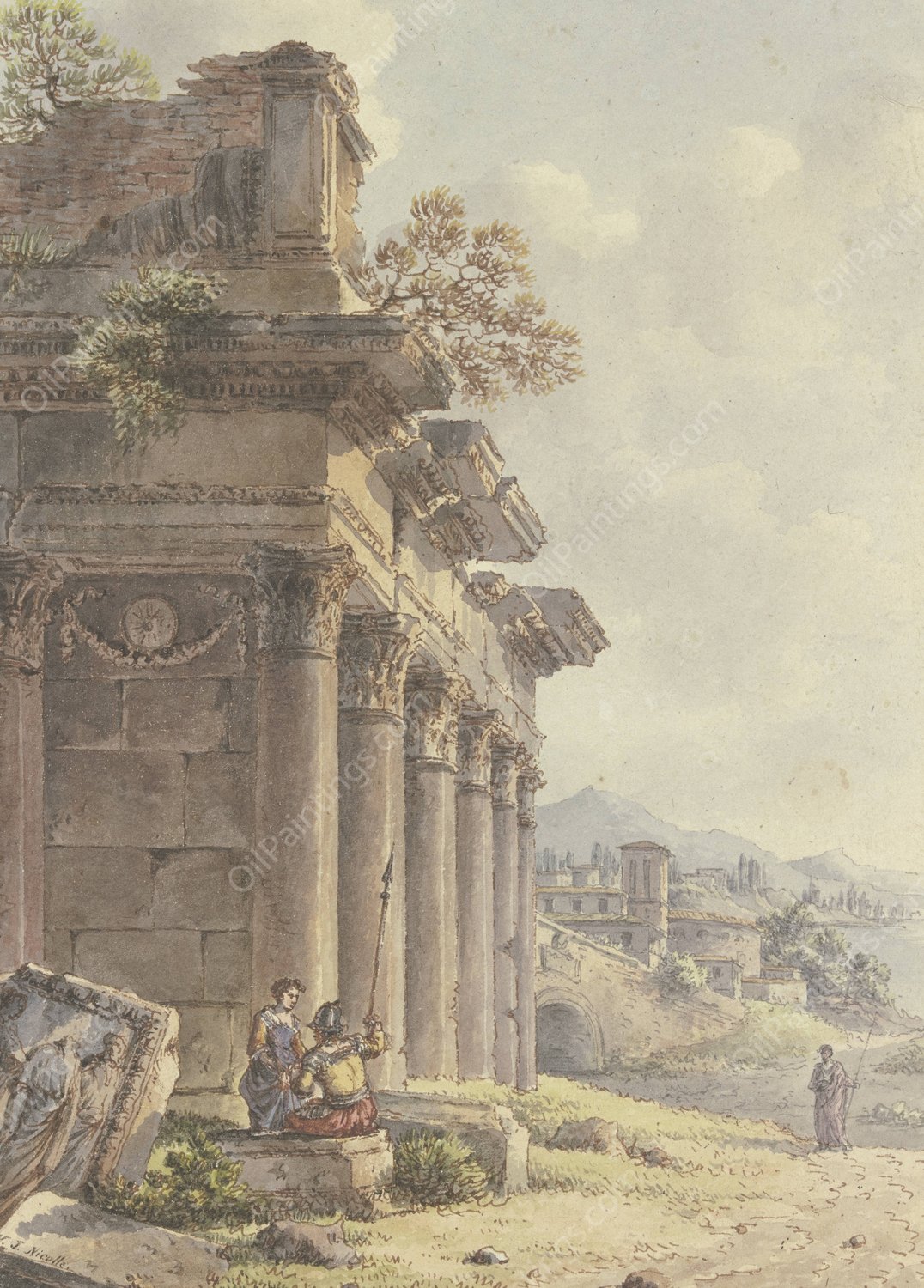 Architektonisches Capriccio, Ruinen einer Tempelfassade, im Hintergrund Landschaft mit Gebauden und Seebucht by Victor-Jean Nicolle - Hand-Painted Oil Painting Reproduction