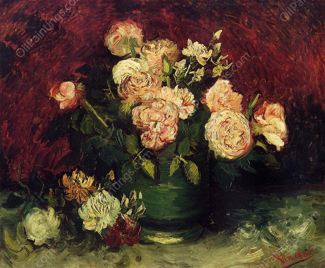 Bowl with Peonies and Roses by Vincent van Gogh - Hand-Painted Oil Painting Reproduction