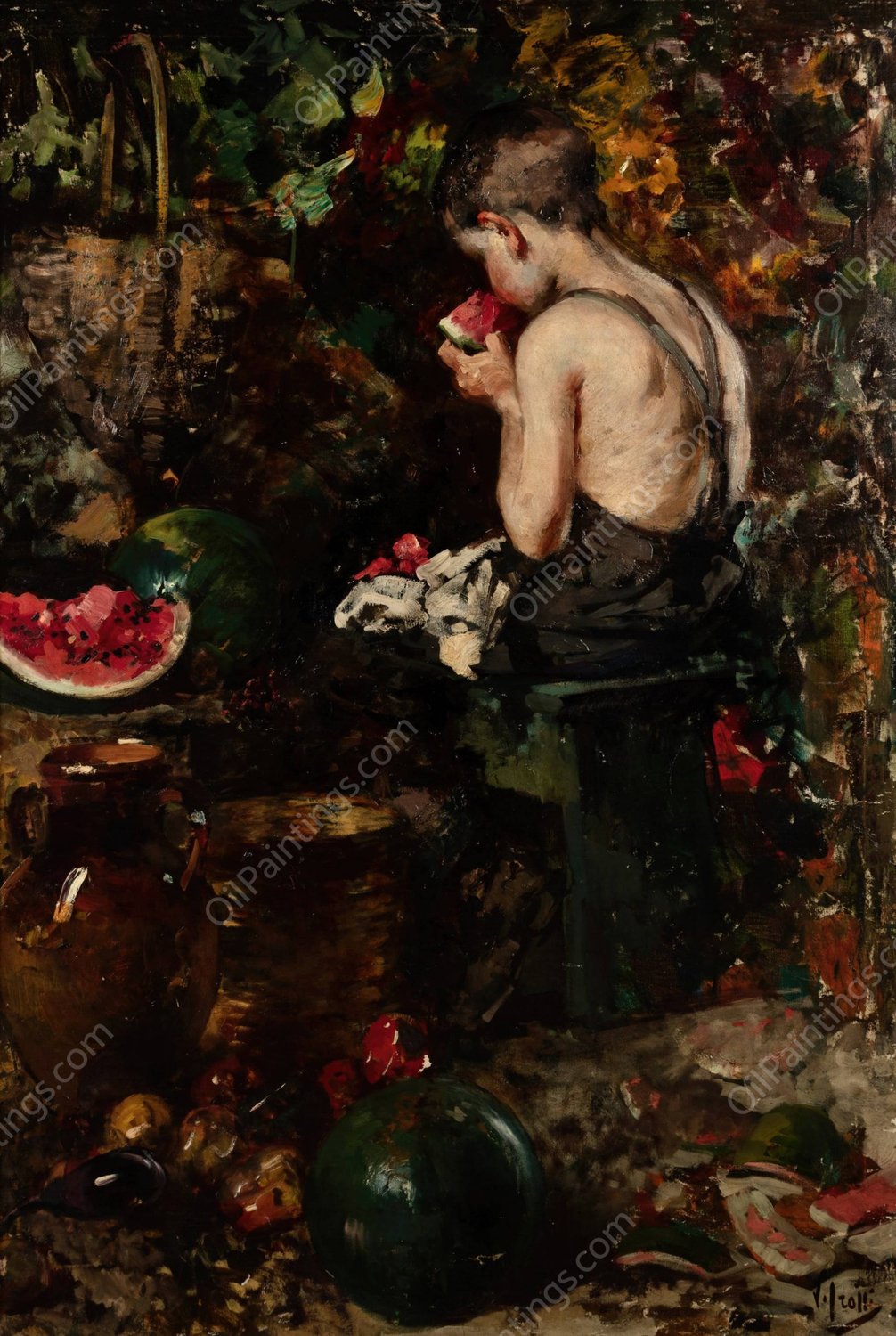 A Young Boy Eating A Watermelon by Vincenzo Irolli - Hand-Painted Oil Painting Reproduction