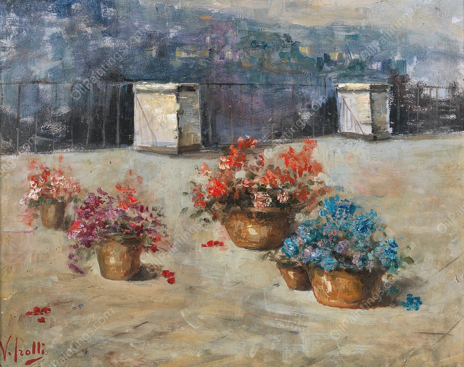 Sonnige Dachterrasse mit Blumentopfen by Vincenzo Irolli - Hand-Painted Oil Painting Reproduction
