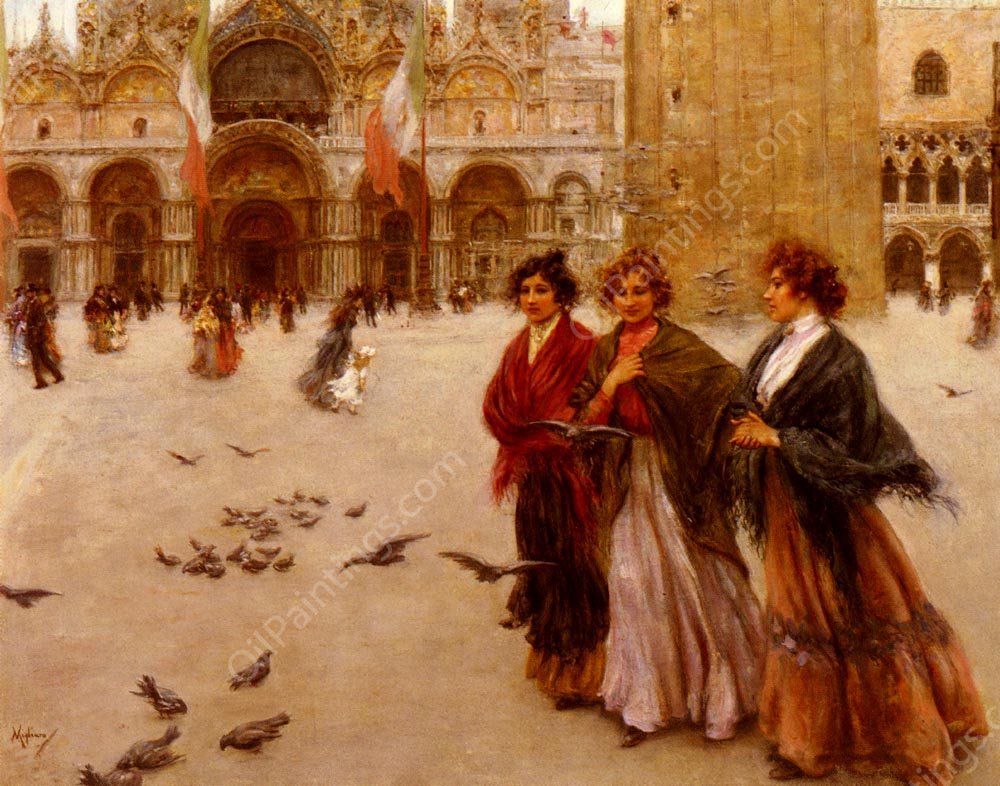 The Afternoon Stroll, St. Mark's, Venice by Vincenzo Migliaro - Hand-Painted Oil Painting Reproduction