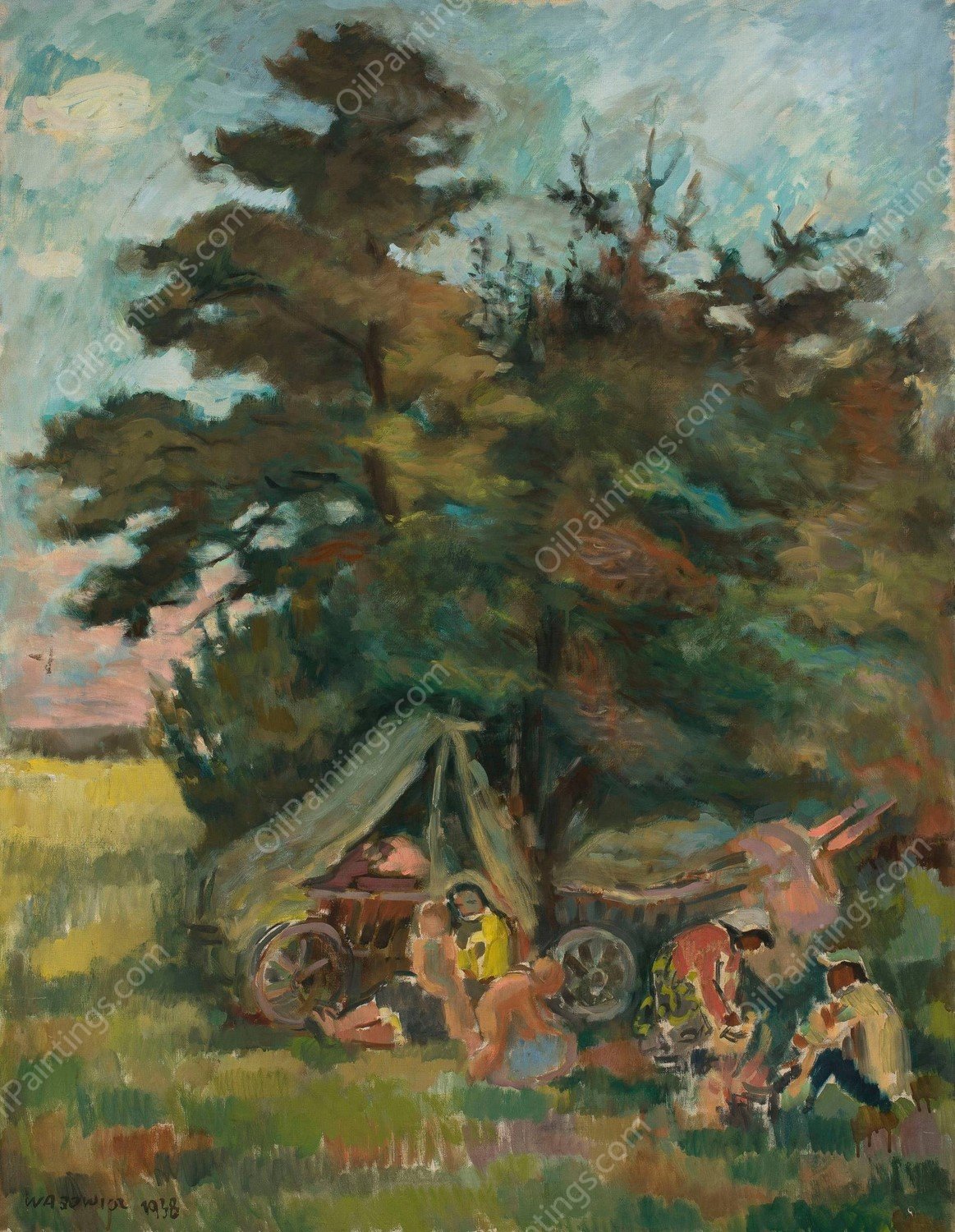 Oboz cyganski pod drzewem  by Waclaw Wasowicz - Hand-Painted Oil Painting Reproduction