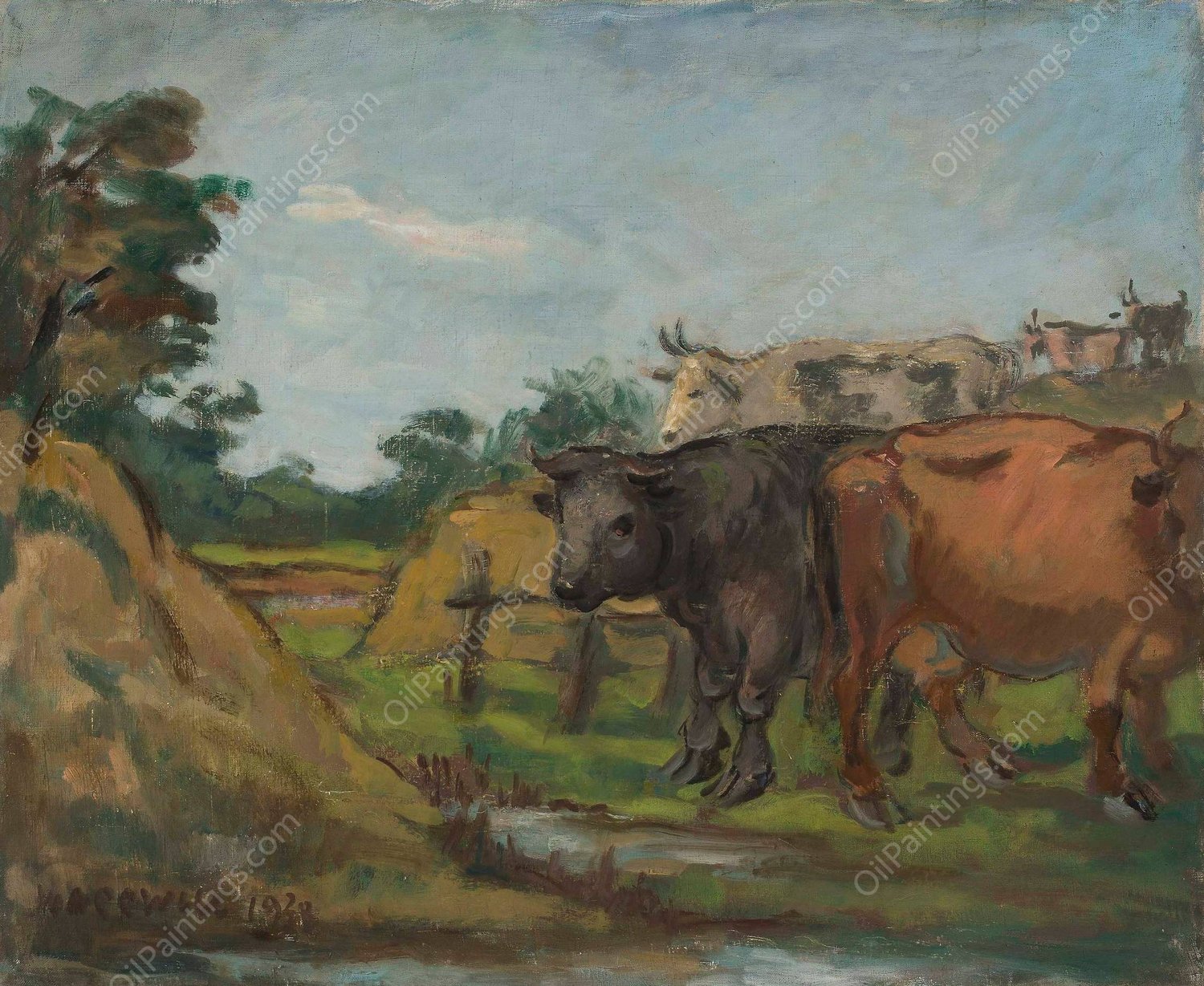 Three cows by a river  by Waclaw Wasowicz - Hand-Painted Oil Painting Reproduction