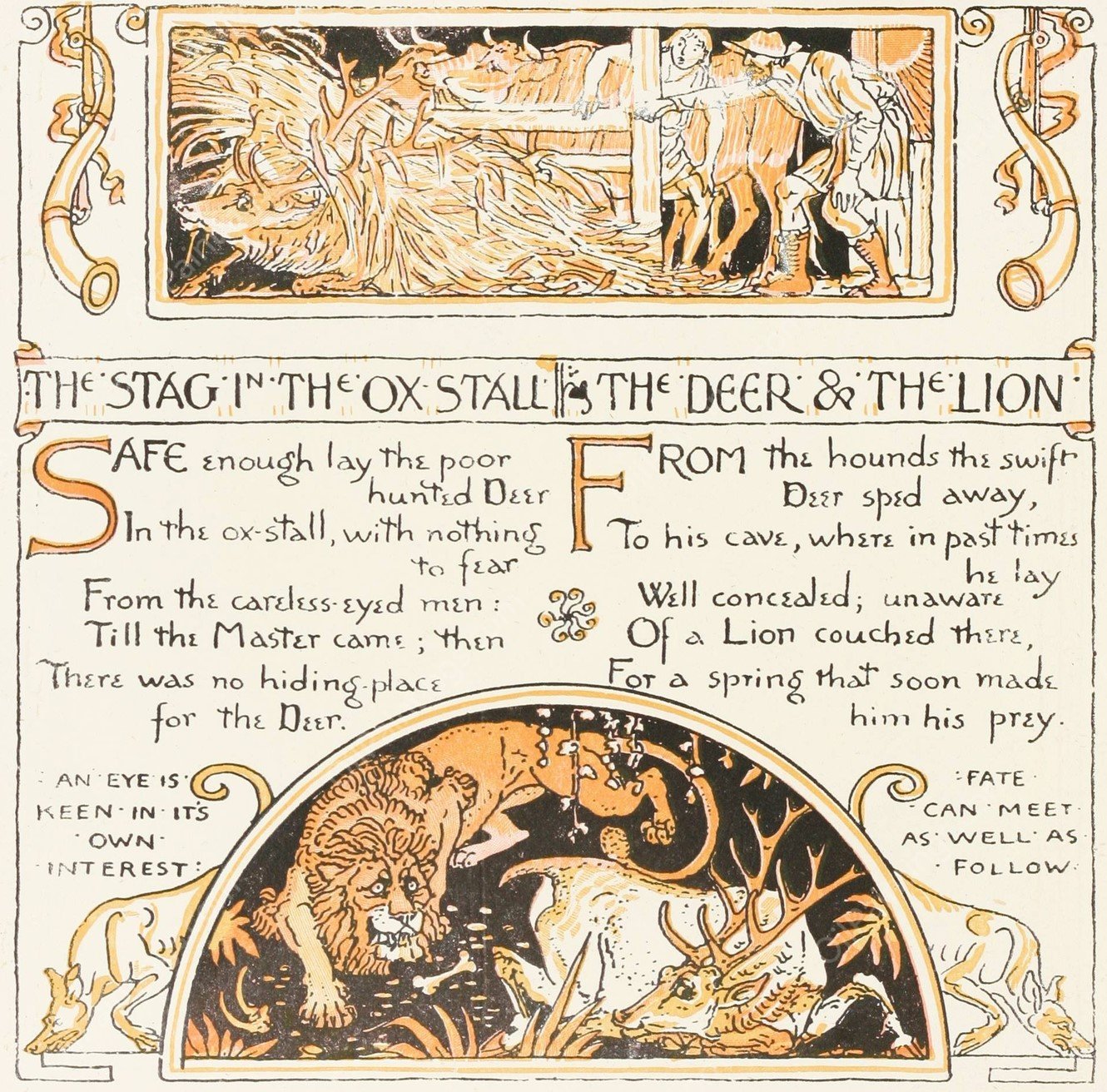 The Stag in the Ox-stall, The Deer and the Lion  by Walter Crane - Hand-Painted Oil Painting Reproduction