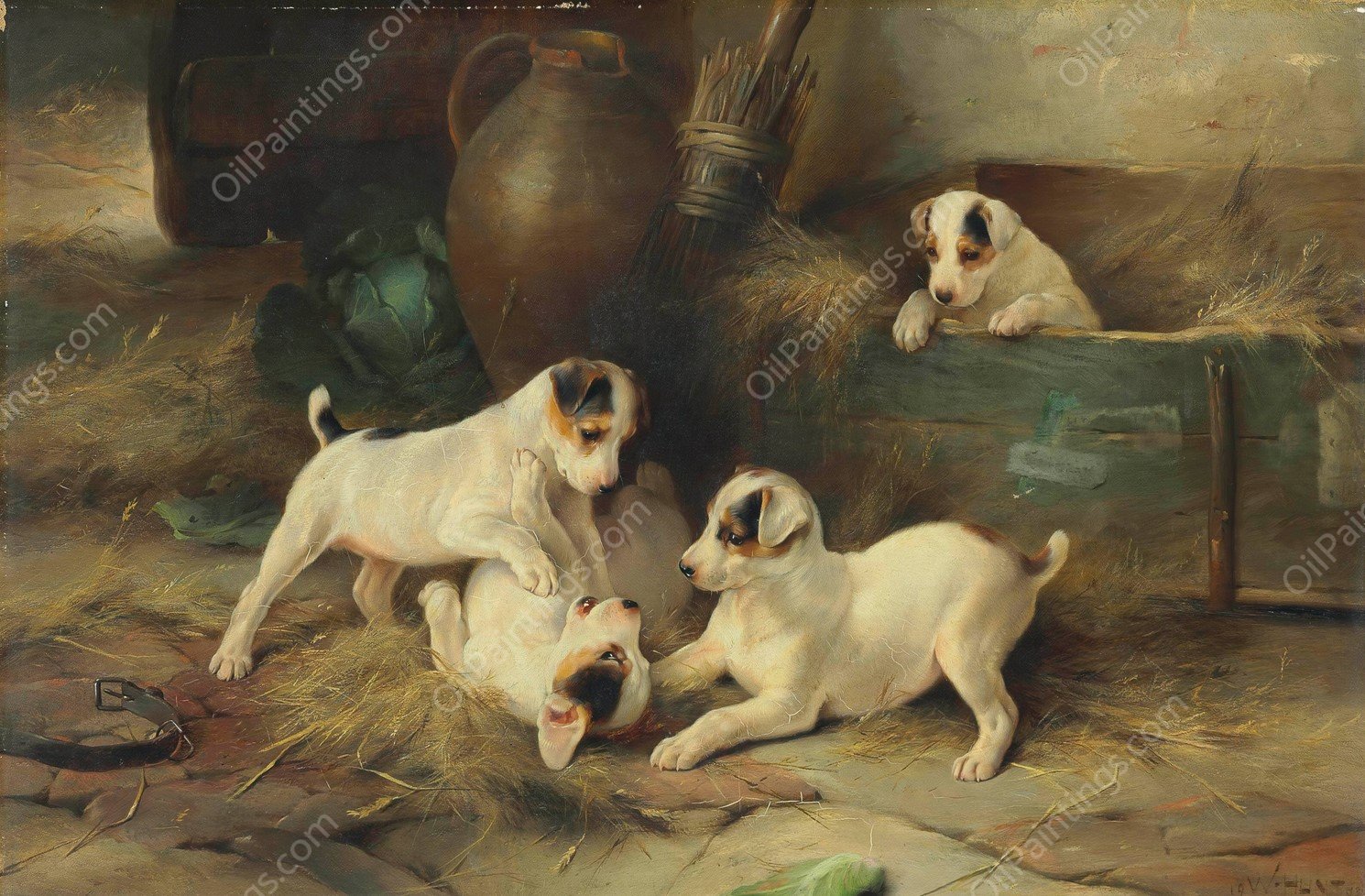 Four Puppies at Play  by Walter Hunt - Hand-Painted Oil Painting Reproduction