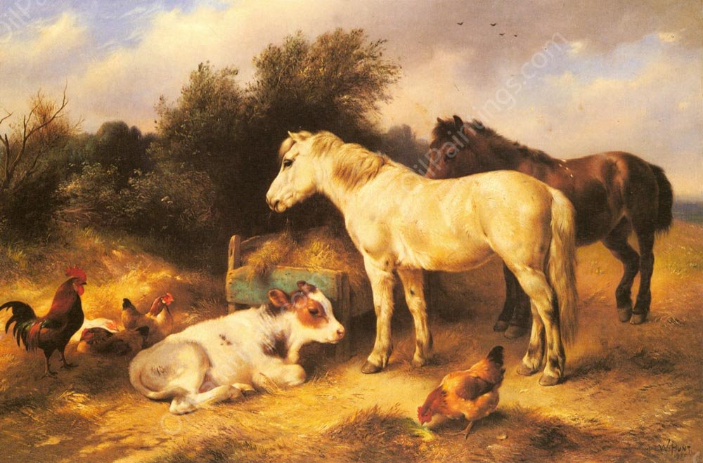 Ponies, A Calf and Poultry In a Farmyard by Walter Hunt - Hand-Painted Oil Painting Reproduction