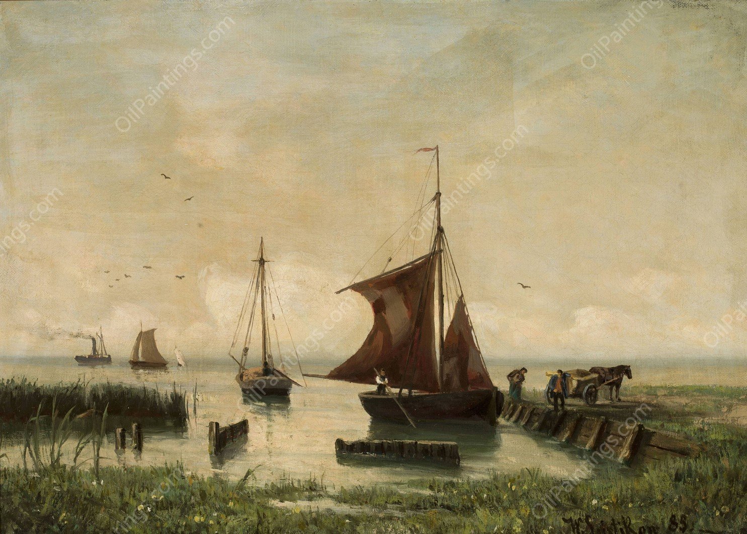 Sail boats at the lakeside  by Walter Leistikow - Hand-Painted Oil Painting Reproduction