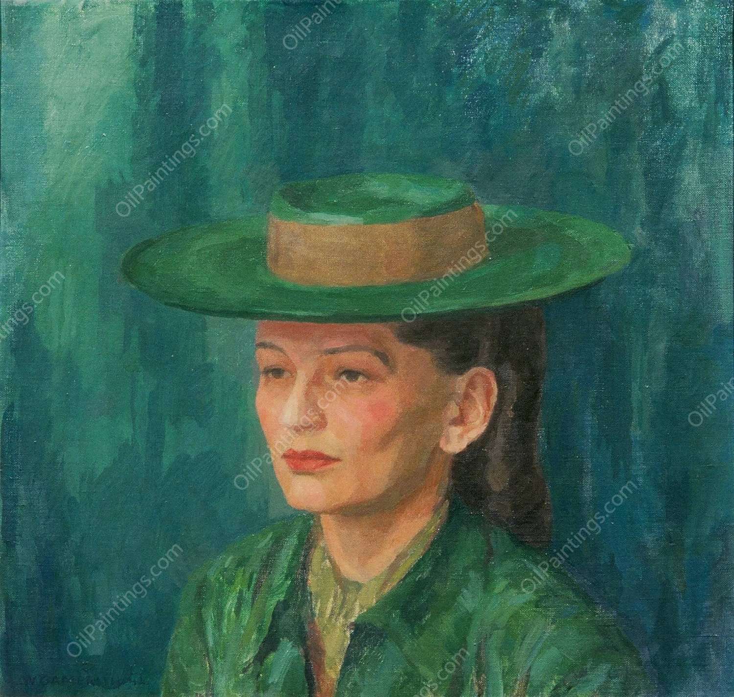 Grete Gamerith Mit Grunem Hut  by Walther Gamerith - Hand-Painted Oil Painting Reproduction