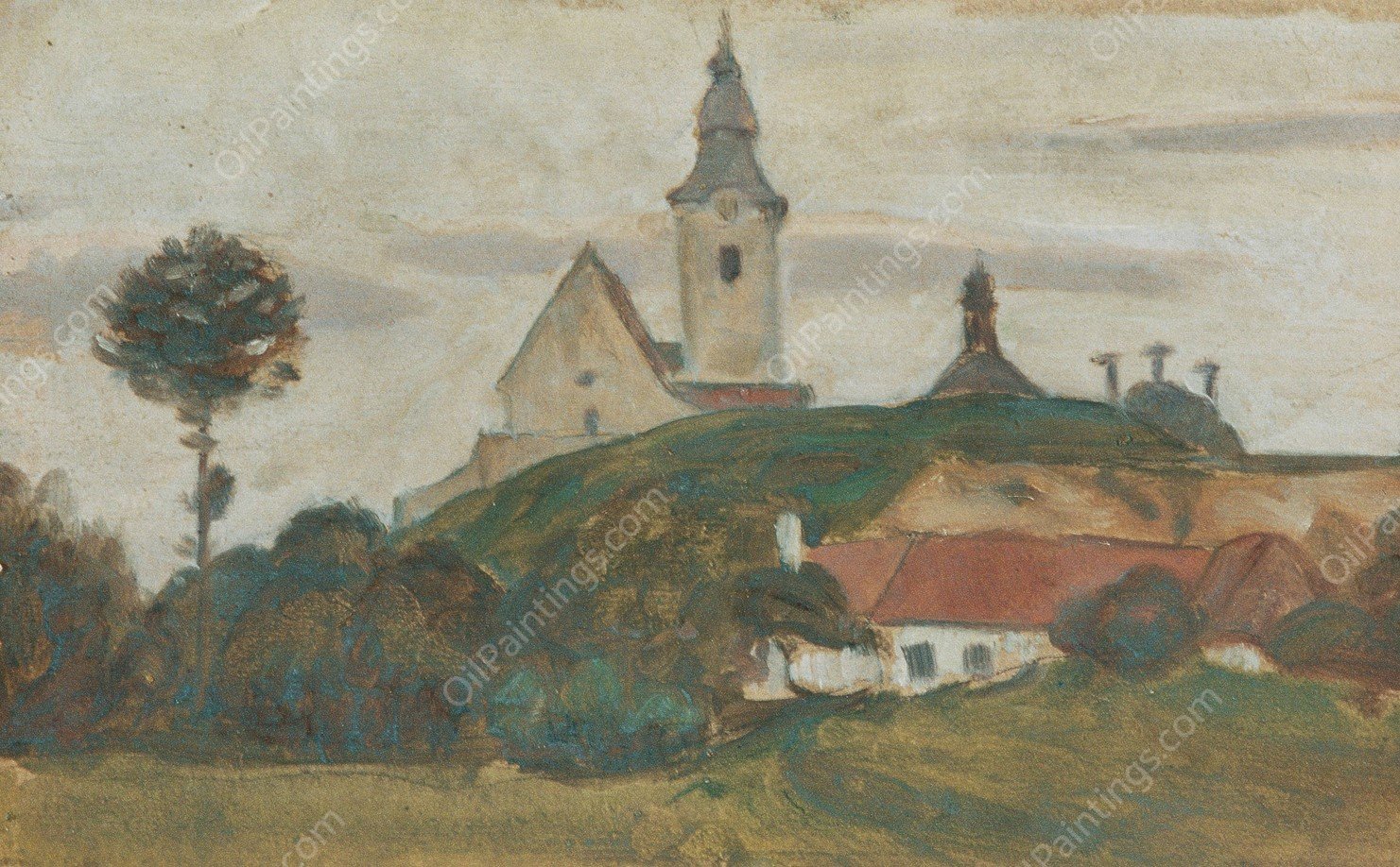 Landschaft Mit Kirche Und Dorf  by Walther Gamerith - Hand-Painted Oil Painting Reproduction