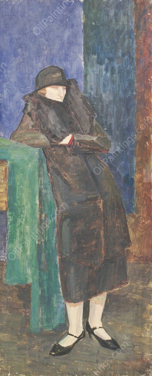Stehende Dame mit Pelzkragen und schwarzem Hut  by Walther Gamerith - Hand-Painted Oil Painting Reproduction
