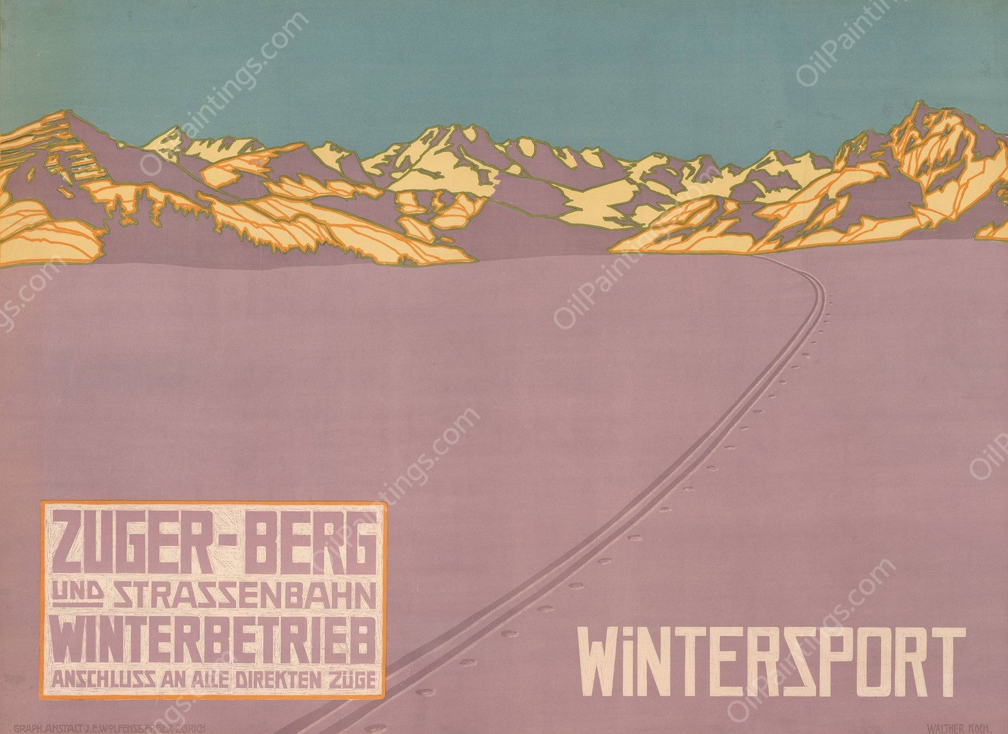 Zuger-Berg und Strassenbahn, Wintersport  by Walther Koch - Hand-Painted Oil Painting Reproduction