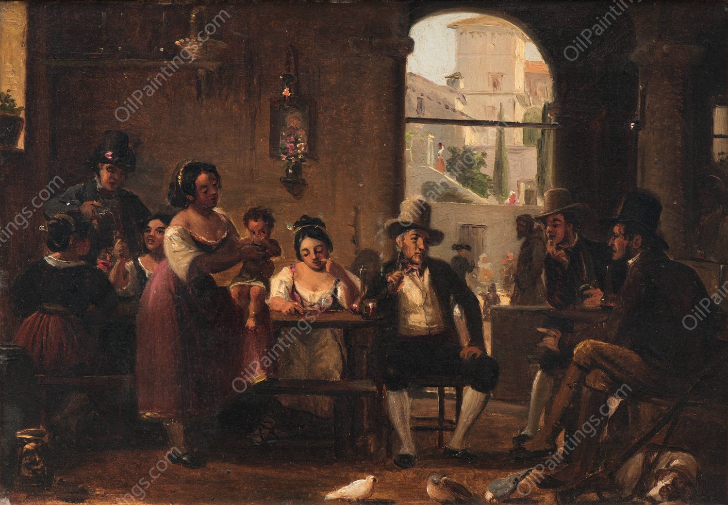Wilhelm Marstrand From a Roman Osteria. Pipe-Smoking Hunters and Italian Women by Wilhelm Marstrand - Hand-Painted Oil Painting Reproduction