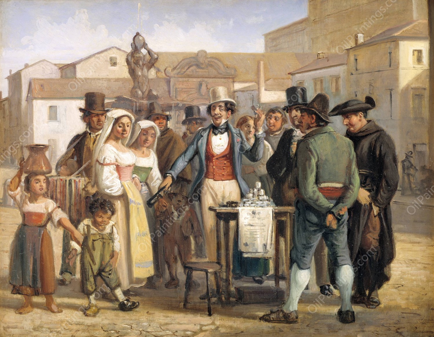 A Charlatan Selling Blacking in the Piazza Barberini in Rome  by Wilhelm Marstrand - Hand-Painted Oil Painting Reproduction