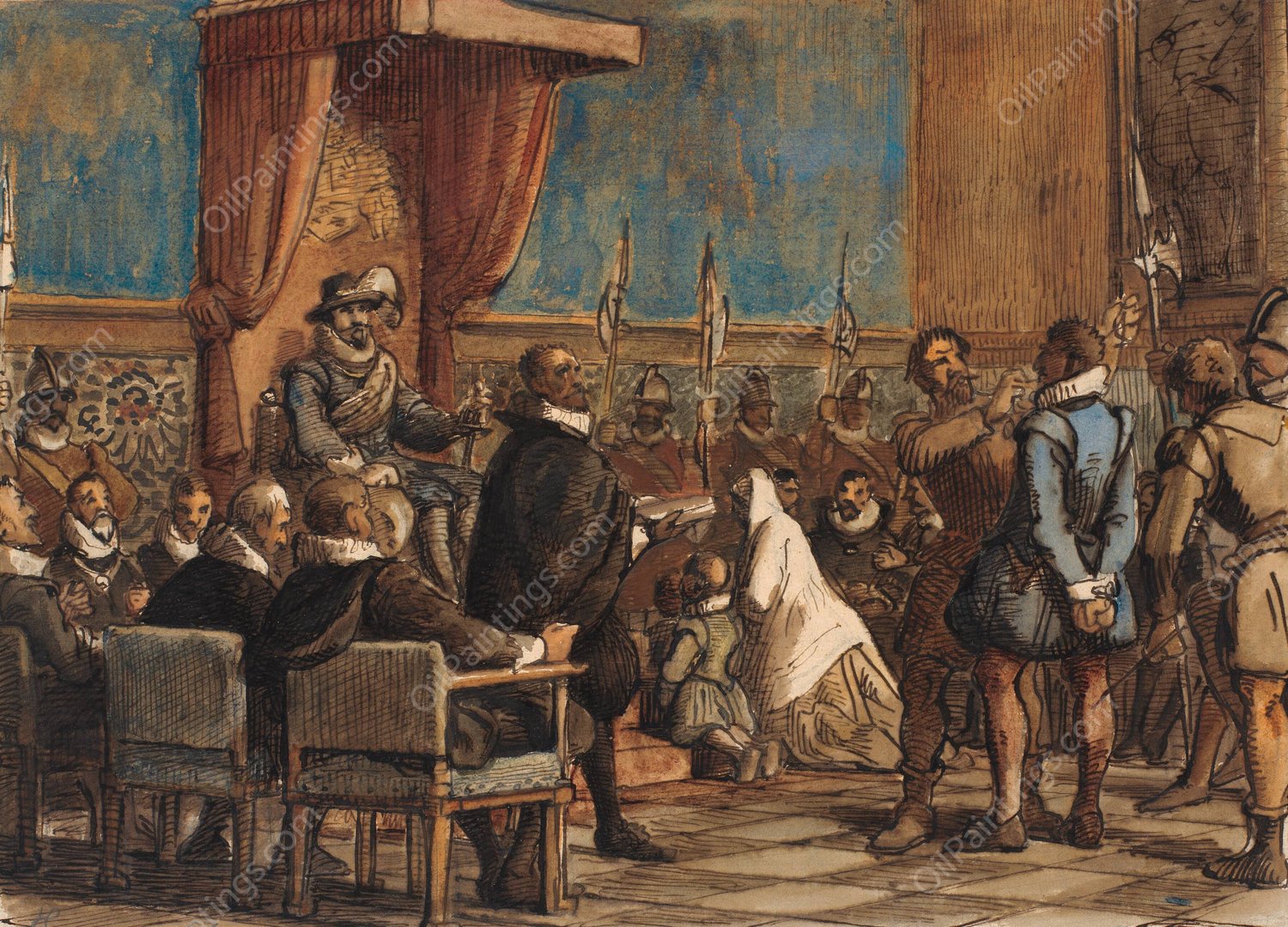 Chr. 4. Lader Bodlen Tage Ordenskaeden Og Svaerdet Fra Falskneren Christopher Rosenkrantz  by Wilhelm Marstrand - Hand-Painted Oil Painting Reproduction