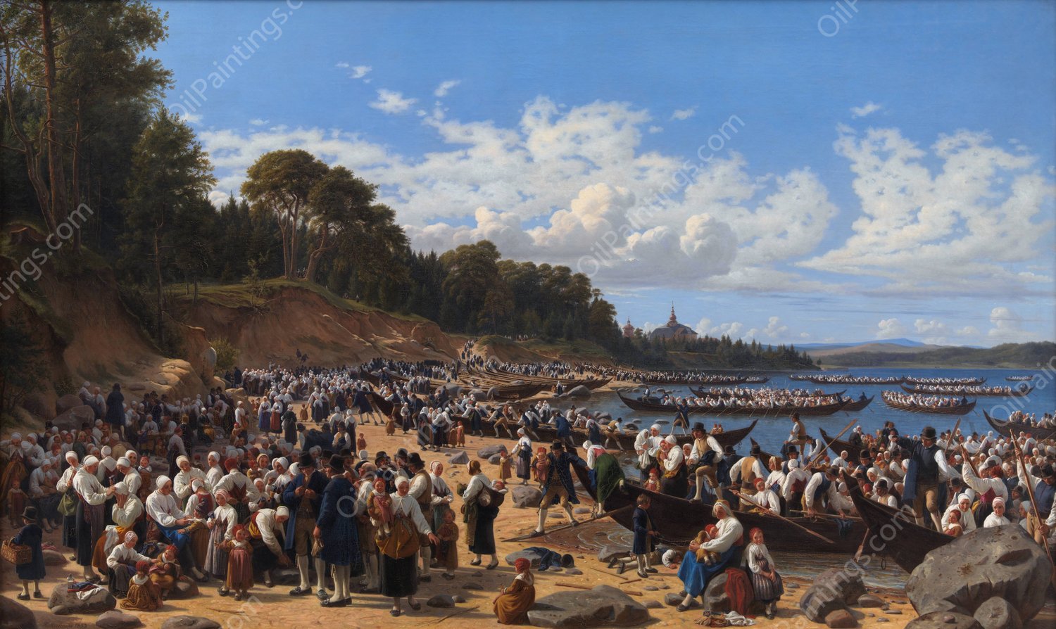 Church-Goers Arriving By Boat At The Parish Church Of Leksand On Siljan Lake, Sweden  by Wilhelm Marstrand - Hand-Painted Oil Painting Reproduction