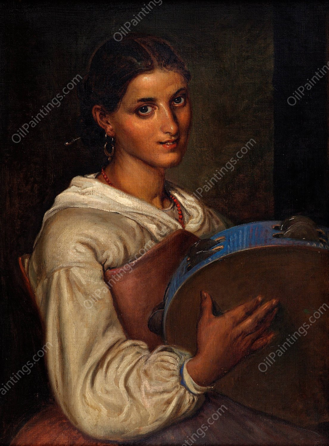 Italian girl with a blue tambourine by Wilhelm Marstrand - Hand-Painted Oil Painting Reproduction