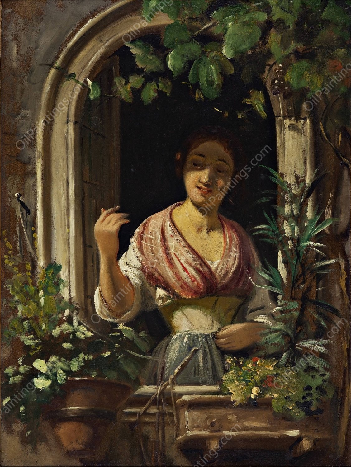 Italian woman waving from a window, end of the 1850s by Wilhelm Marstrand - Hand-Painted Oil Painting Reproduction