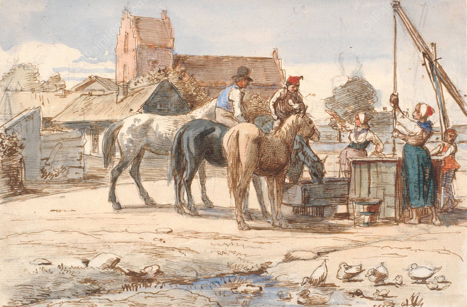 Ved bronden uden for landsbyen  by Wilhelm Marstrand - Hand-Painted Oil Painting Reproduction