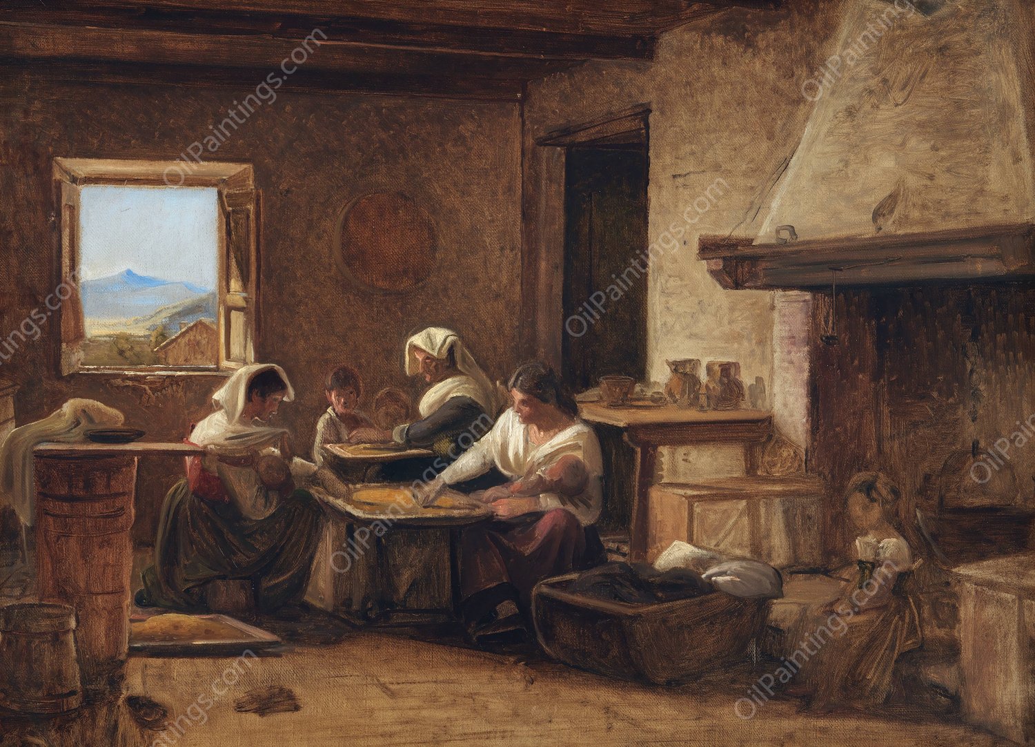Women Working in the Kitchen of a Farmhouse near Olevano, Italy  by Wilhelm Marstrand - Hand-Painted Oil Painting Reproduction
