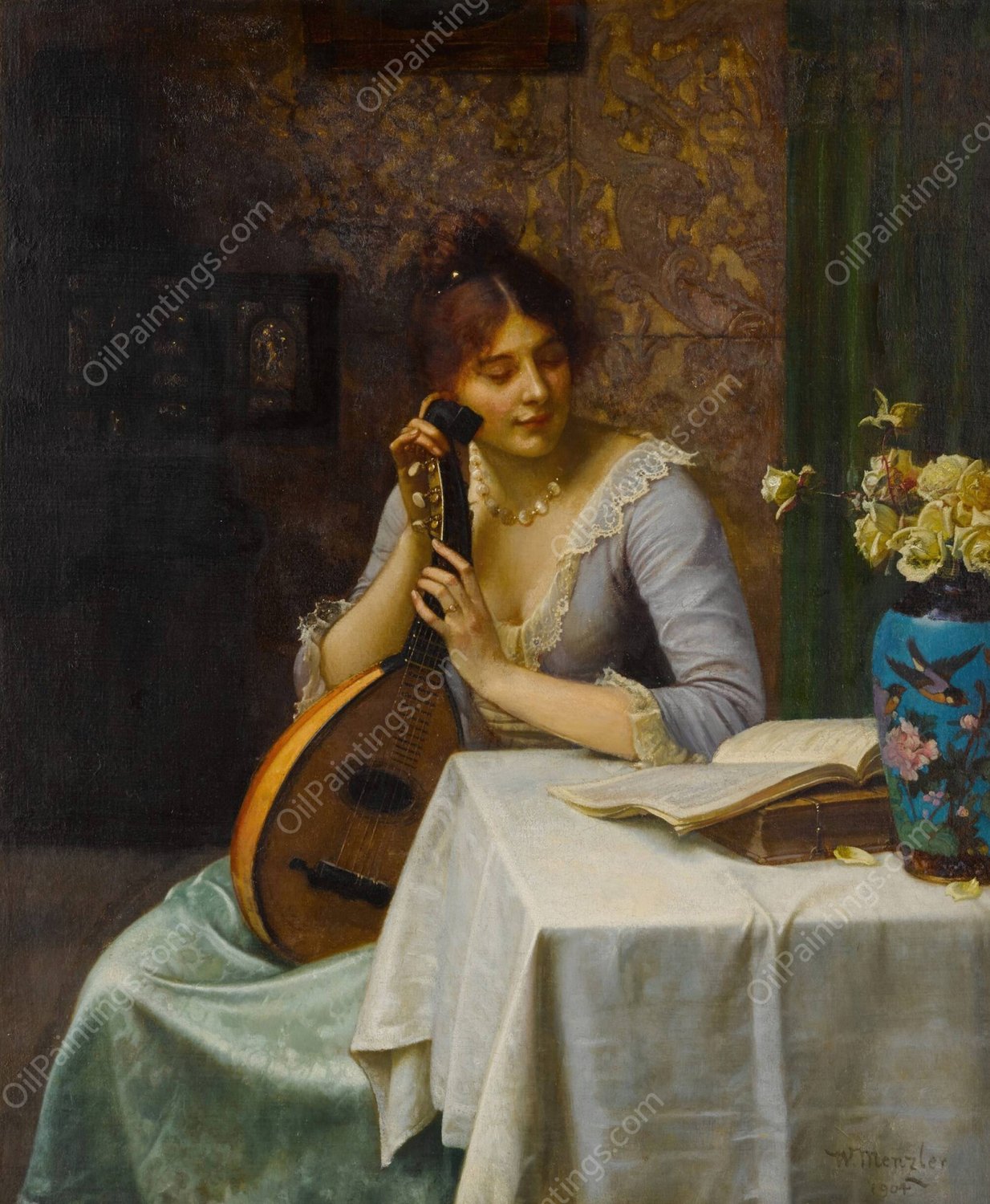 Studying Sheet Music  by Wilhelm Menzler - Hand-Painted Oil Painting Reproduction