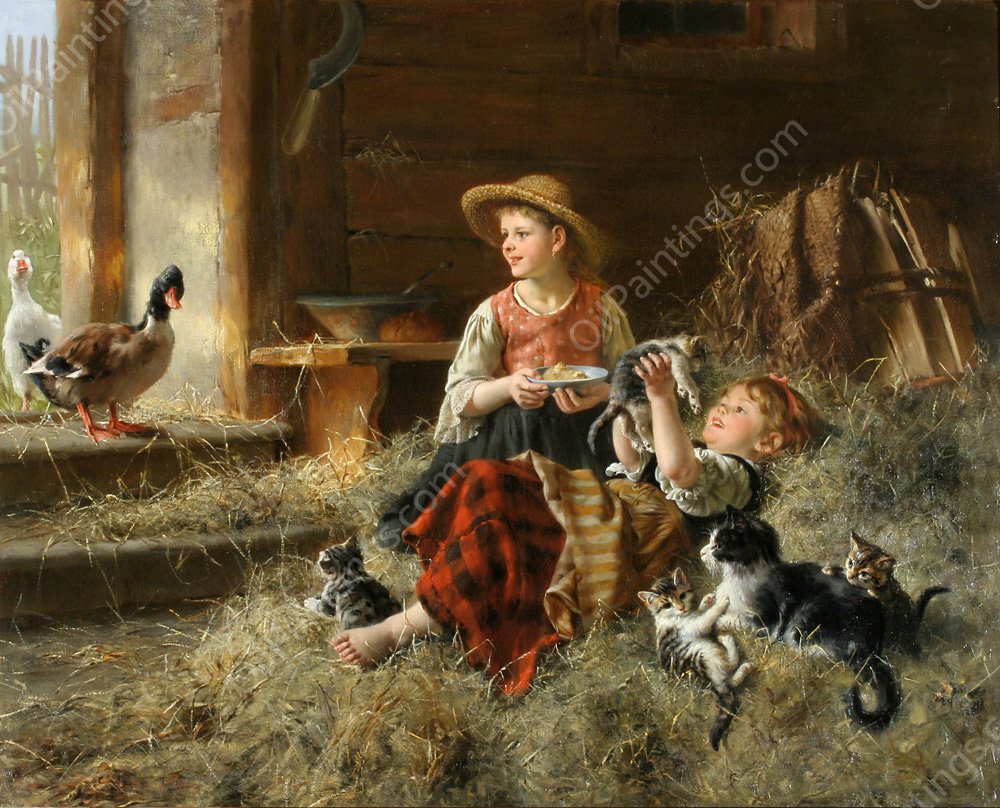 Calling on Farmyard Friends by Wilhelm Schutze - Hand-Painted Oil Painting Reproduction